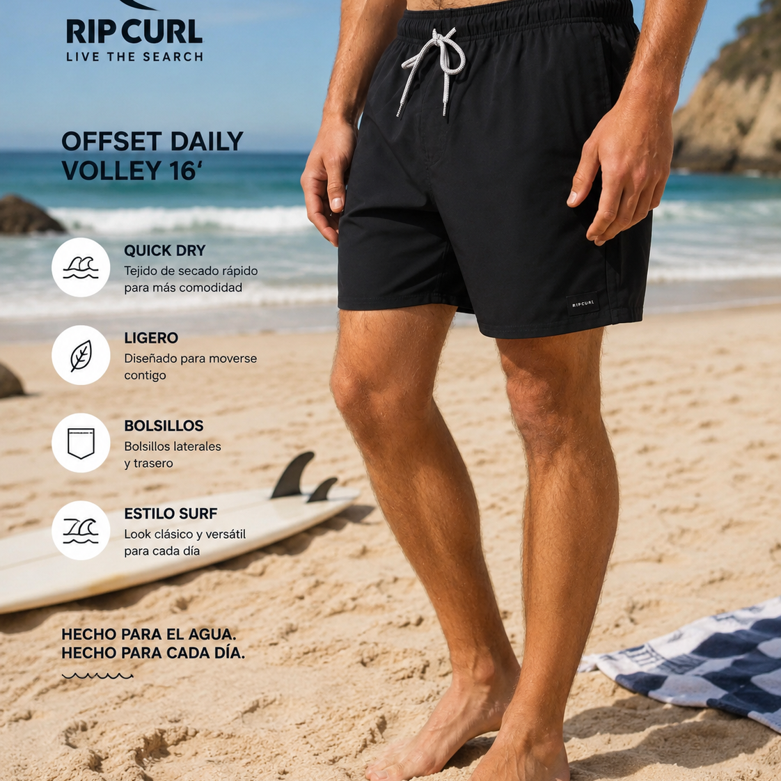 Bañador Rip Curl Offset Daily Volley 16 Black hombre en escena surf lifestyle premium con boardshort negro de verano