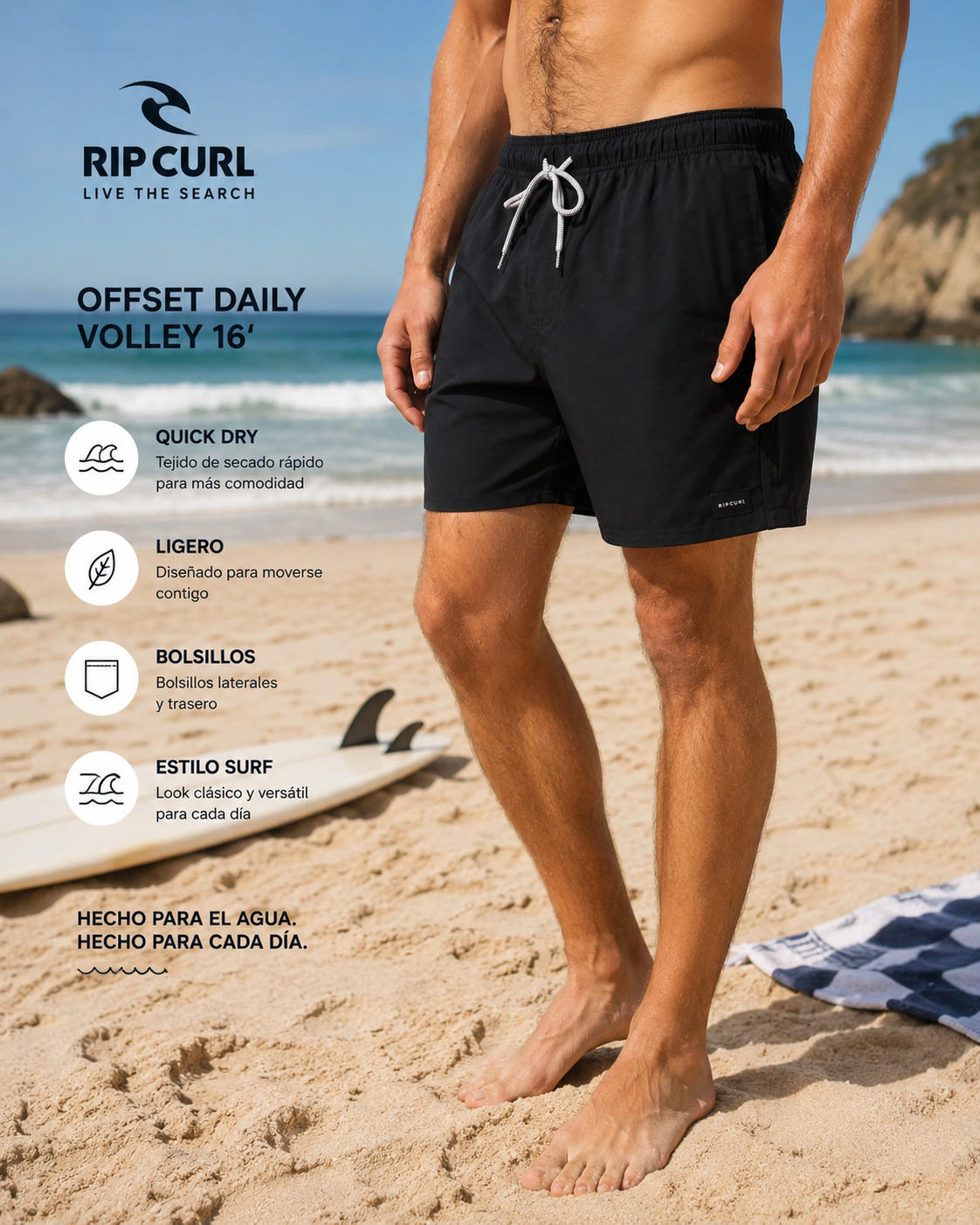 Bañador Rip Curl Offset Daily Volley 16 Black hombre en escena surf lifestyle premium con boardshort negro de verano