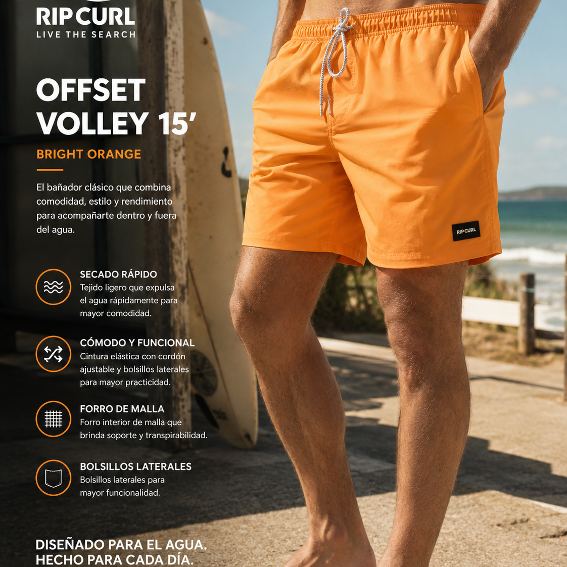 Bañador Rip Curl Offset Volley 15 Bright Orange hombre en escena surf cinema aesthetic con boardshort naranja premium