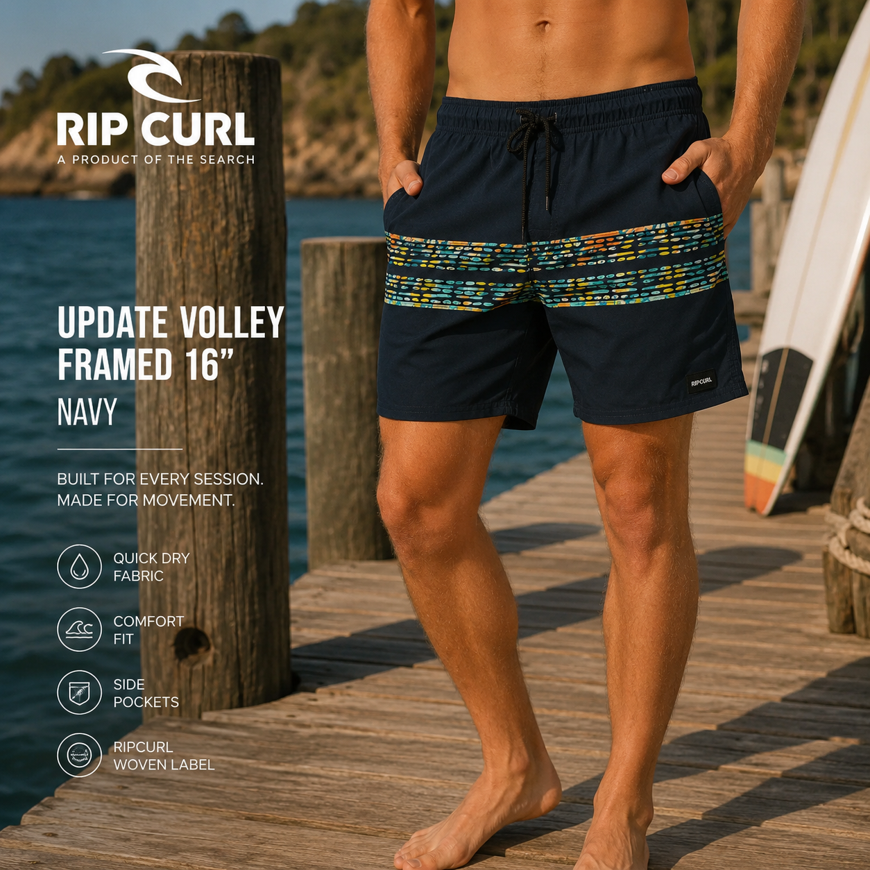 Bañador Rip Curl Update Volley Framed Navy 16 para hombre en muelle de madera junto al mar