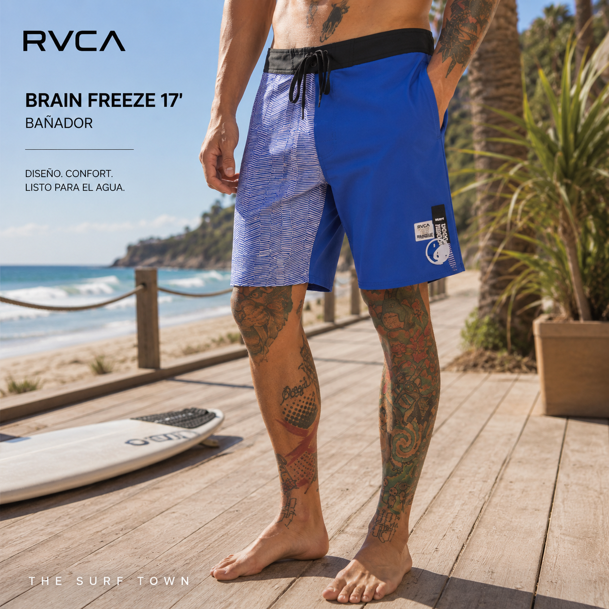 Bañador RVCA Brain Freeze 17 en paseo marítimo surf lifestyle junto al mar, fotografía editorial propia de THE SURF TOWN con inspiración surf y verano premium