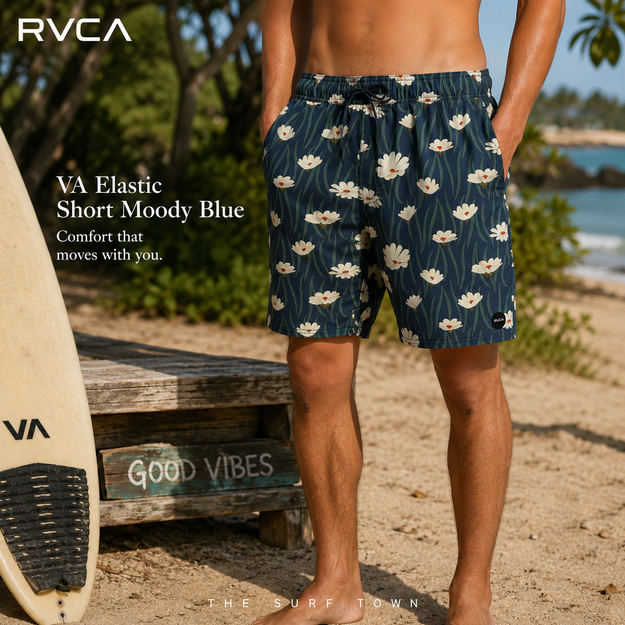 Bañador RVCA VA Elastic Short Moody Blue para hombre con estampado floral y estilo surf veraniego