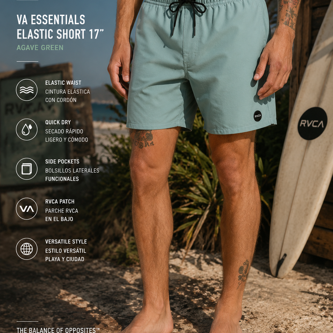 Bañador RVCA VA Pigment 16 Blue Haze azul para hombre en escena surf lifestyle premium junto al mar
