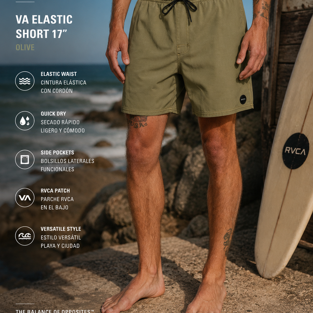 Bañador RVCA VA Pigment 16 Martini Olive para hombre en escena surf lifestyle premium junto al mar