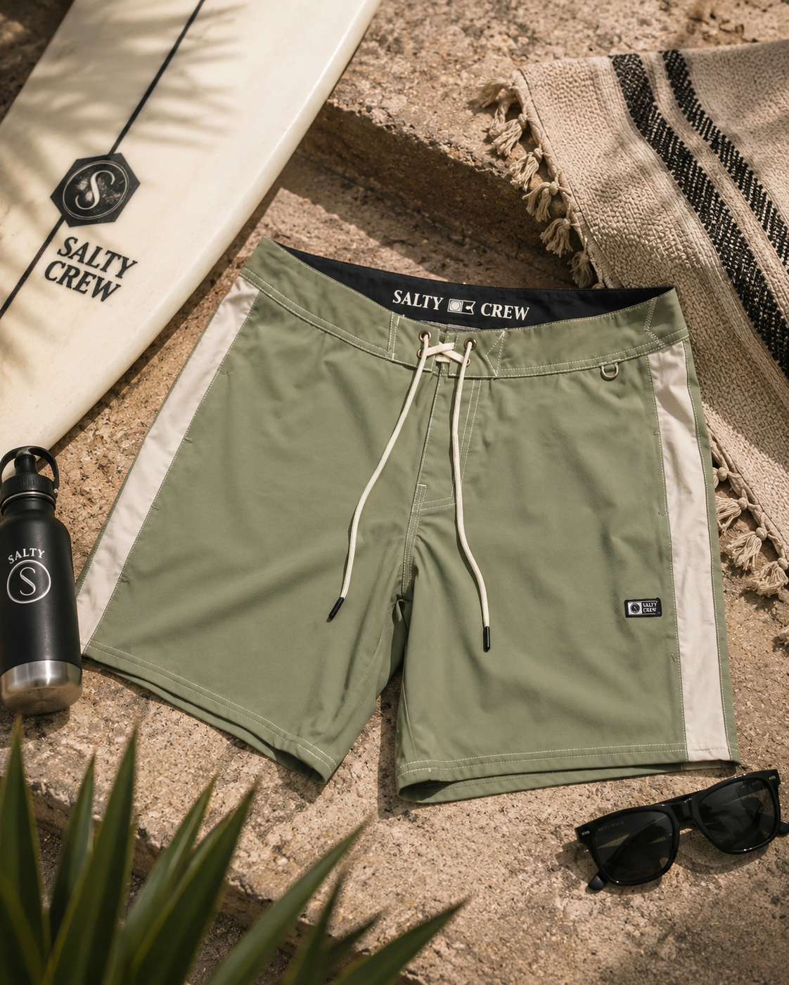 Bañador Salty Crew Channel Boardshort Oil Green para hombre sobre fondo lifestyle surf con tabla de surf y accesorios premium de playa