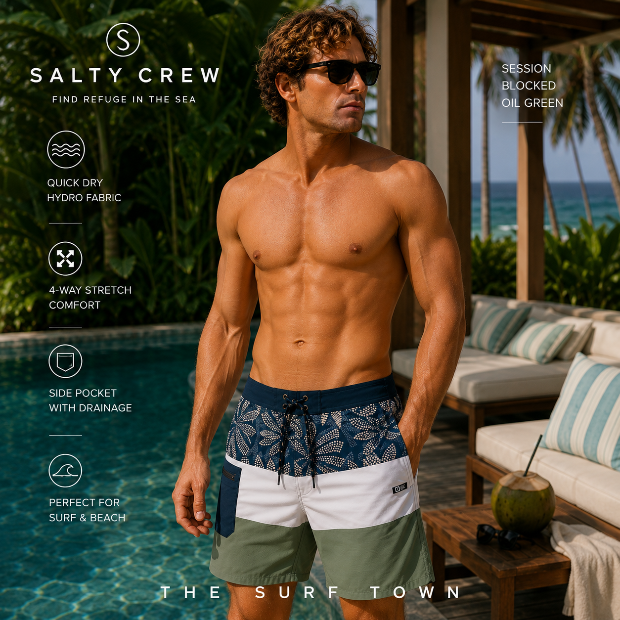 Bañador Salty Crew Session Blocked Oil Green en terraza de hotel tropical premium, fotografía editorial propia de THE SURF TOWN con modelo surf lifestyle, tejido hidro repelente y secado rápido para verano