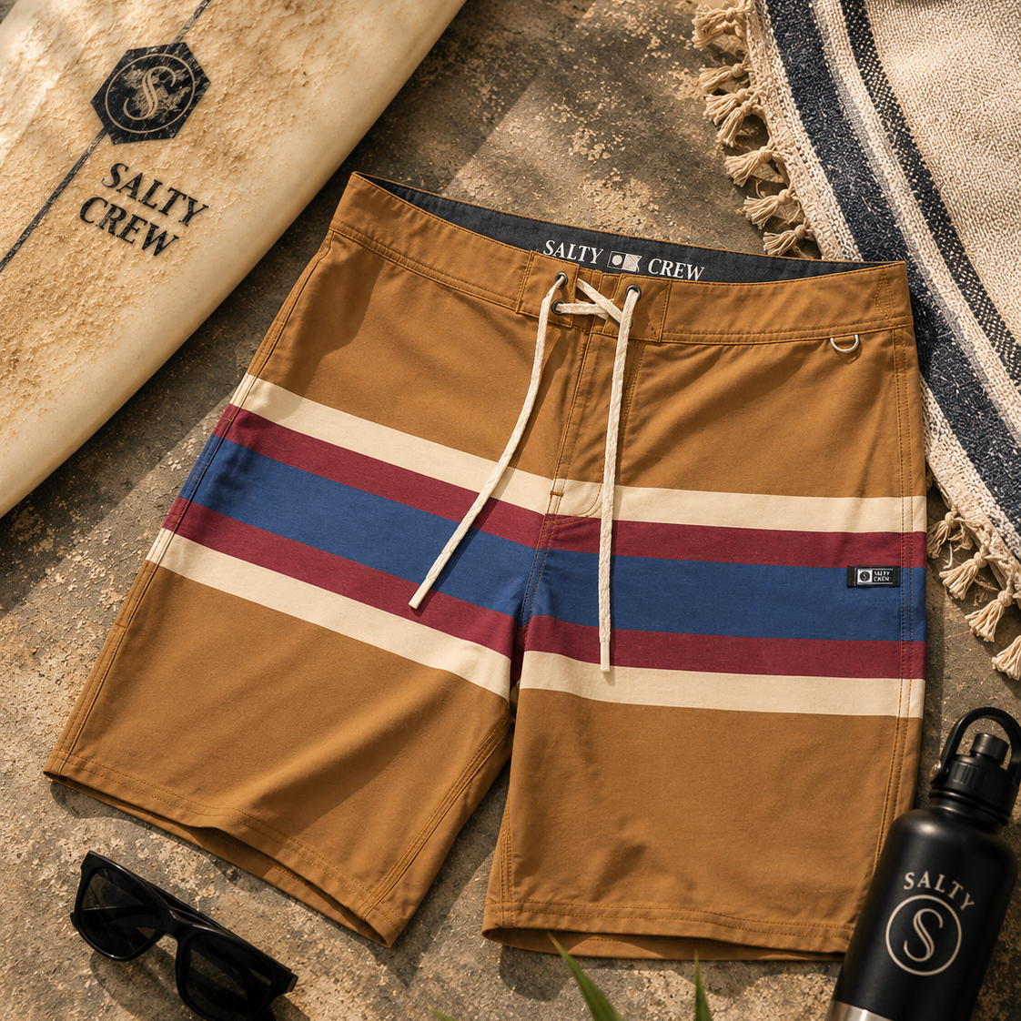 Bañador Salty Crew Stripe Boardshort Bone Brown para hombre sobre fondo lifestyle surf con tabla de surf y accesorios premium de playa