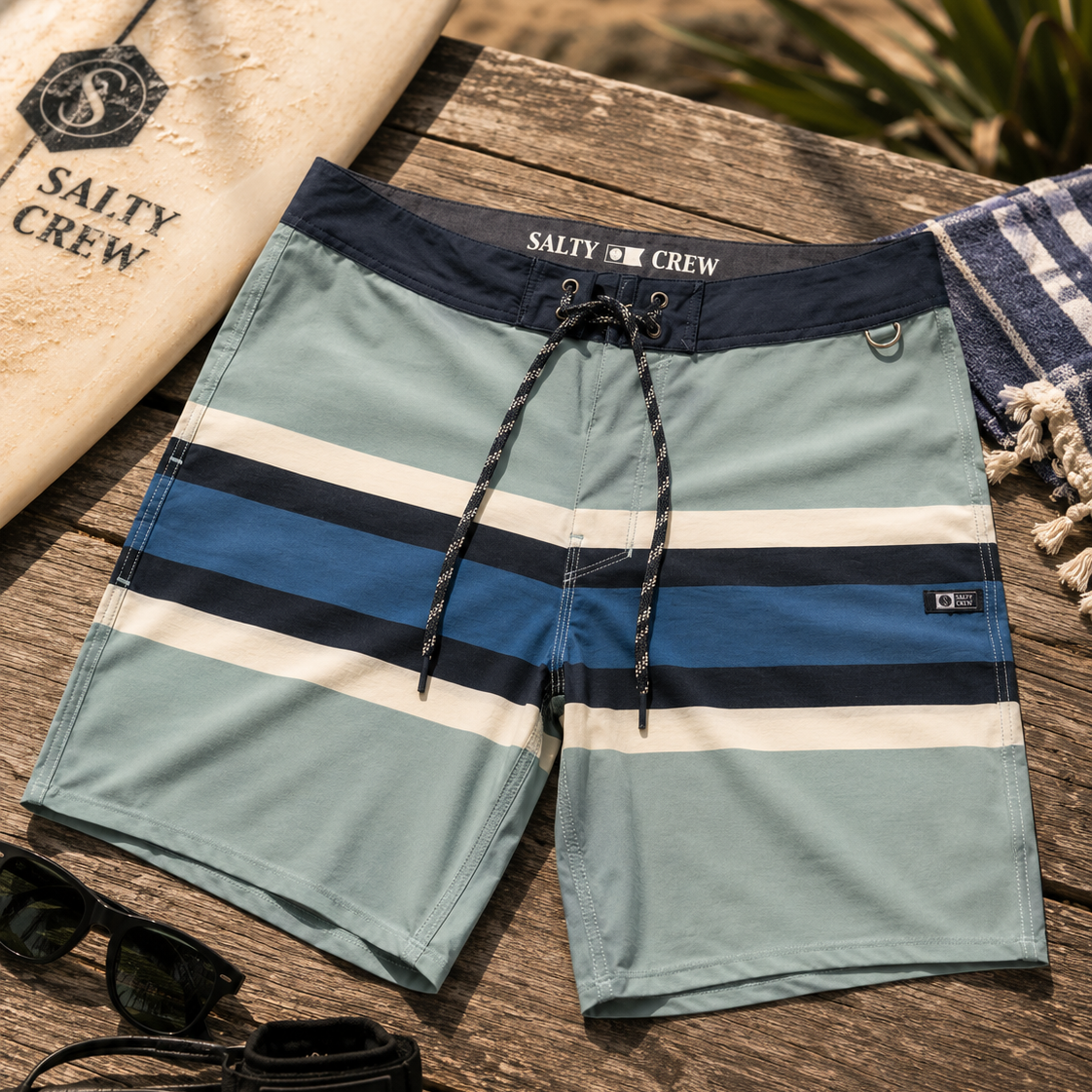 Bañador Salty Crew Stripe Boardshort Marine para hombre sobre fondo lifestyle surf con tabla de surf y accesorios premium de playa