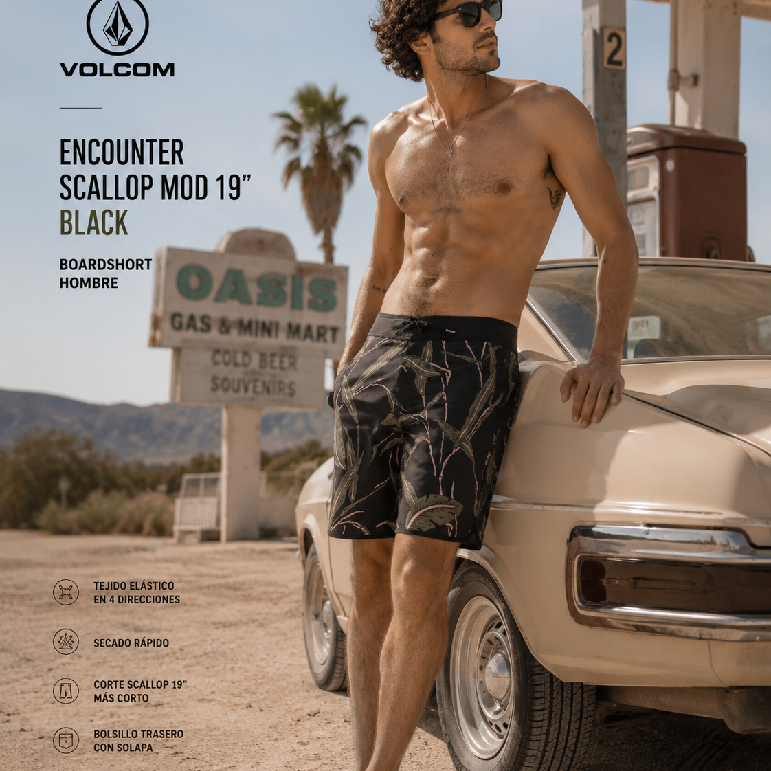 Bañador Volcom Encounter Scallop Mod 19 Black para hombre en escena oasis gas station desierto Nevada lifestyle premium