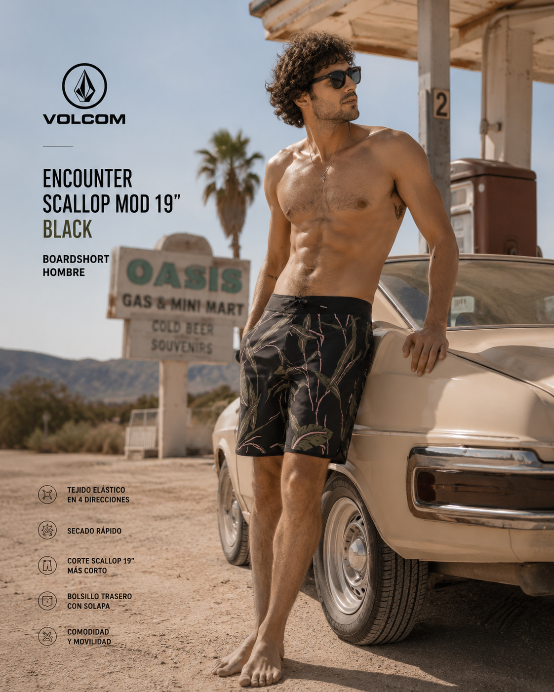 Bañador Volcom Encounter Scallop Mod 19 Black para hombre en escena oasis gas station desierto Nevada lifestyle premium