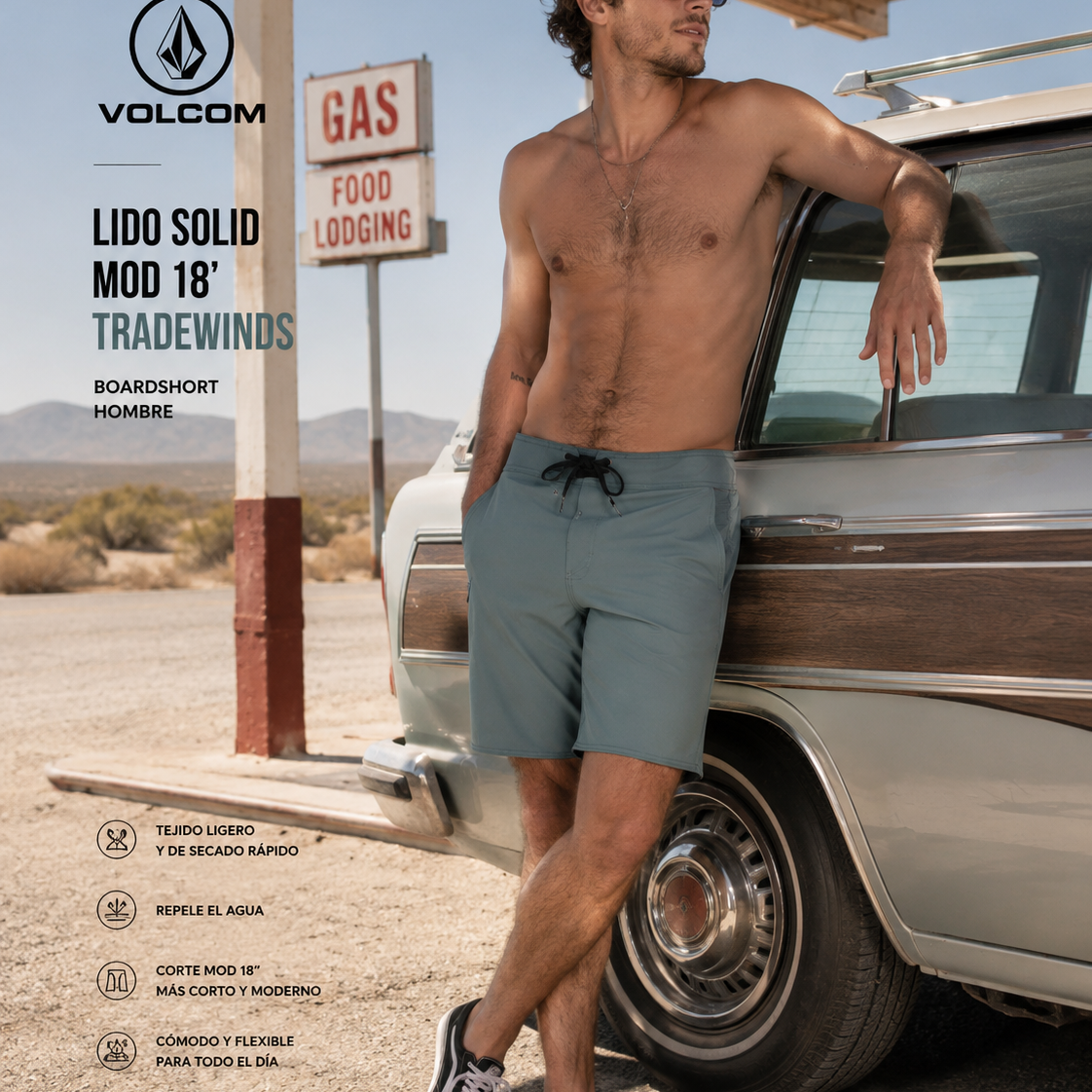 Bañador Volcom Lido Solid Mod 18 Tradewinds para hombre en escena roadtrip desierto Nevada lifestyle premium