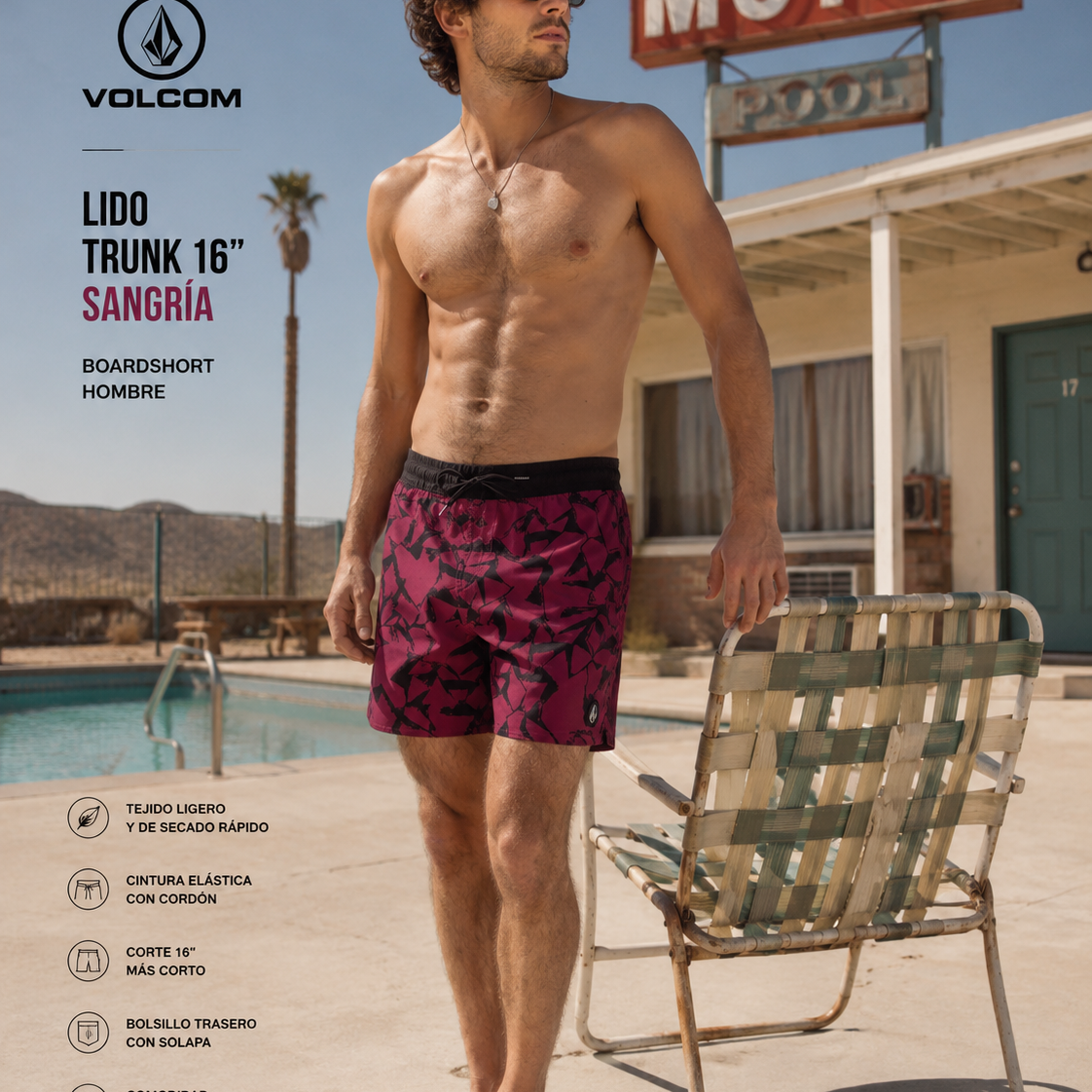 Bañador Volcom Lido Trunk 16 Sangría para hombre en escena motel retro desierto Nevada lifestyle premium