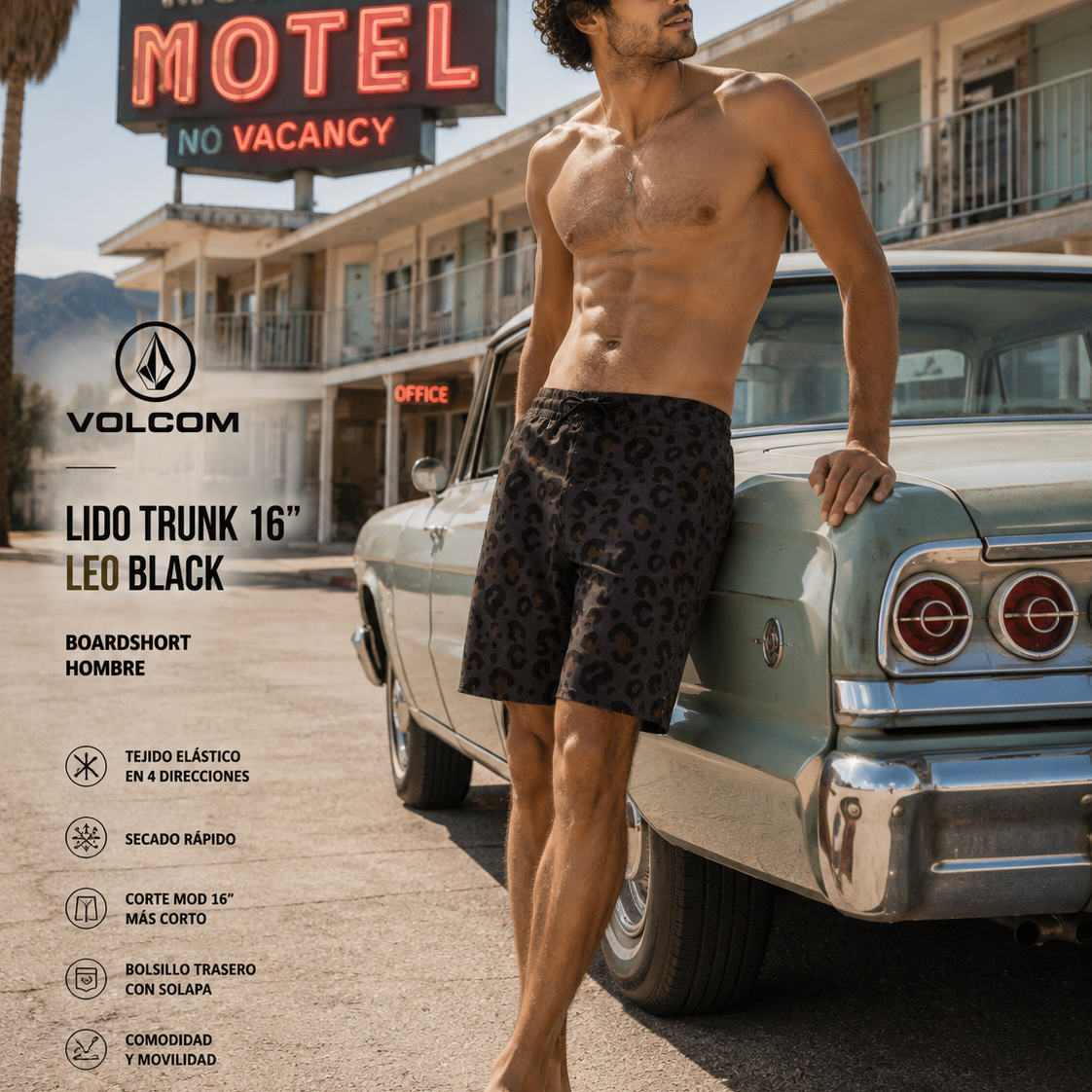Bañador Volcom Melange Trunk 17 Asphalt Black para hombre en escena motel retro americano lifestyle premium