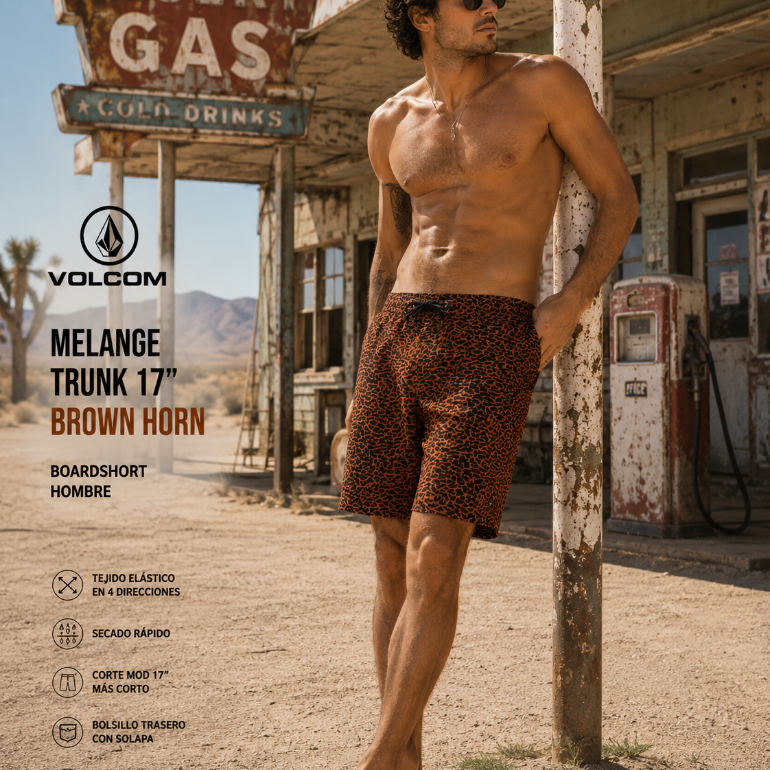 Bañador Volcom Melange Trunk 17 Brown Horn para hombre en escena estación abandonada desierto Nevada lifestyle premium