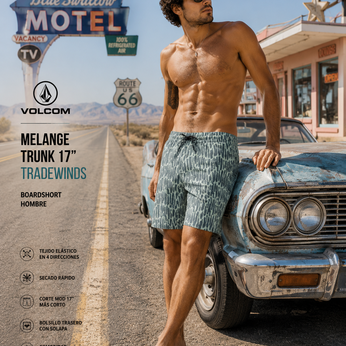 Bañador Volcom Melange Trunk 17 Tradewinds para hombre en escena Route 66 lifestyle premium