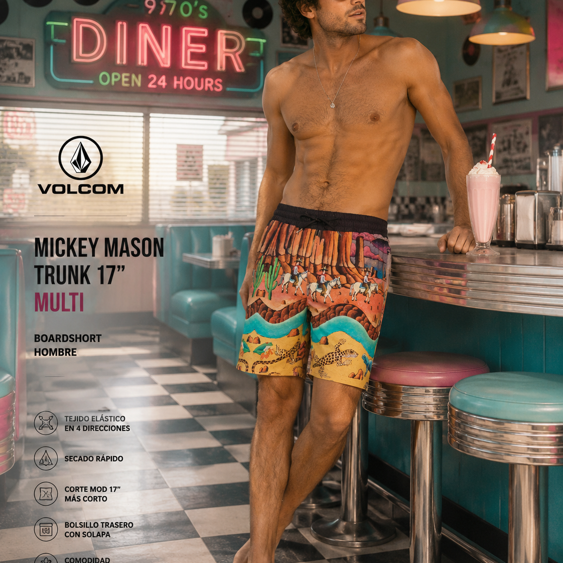 Bañador Volcom Mickey Mason Trunk 17 Multi para hombre en escena diner años 70 lifestyle premium