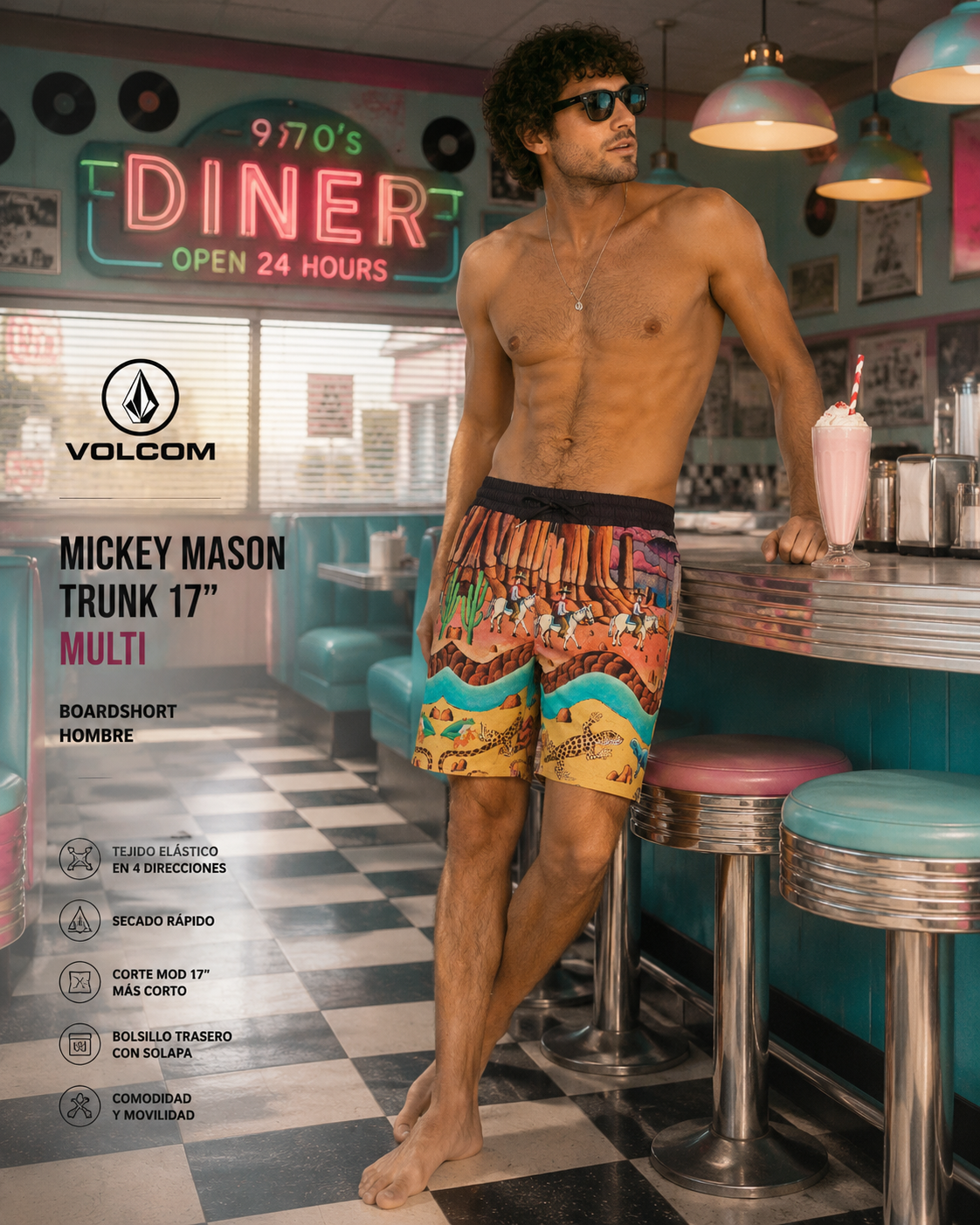Bañador Volcom Mickey Mason Trunk 17 Multi para hombre en escena diner años 70 lifestyle premium