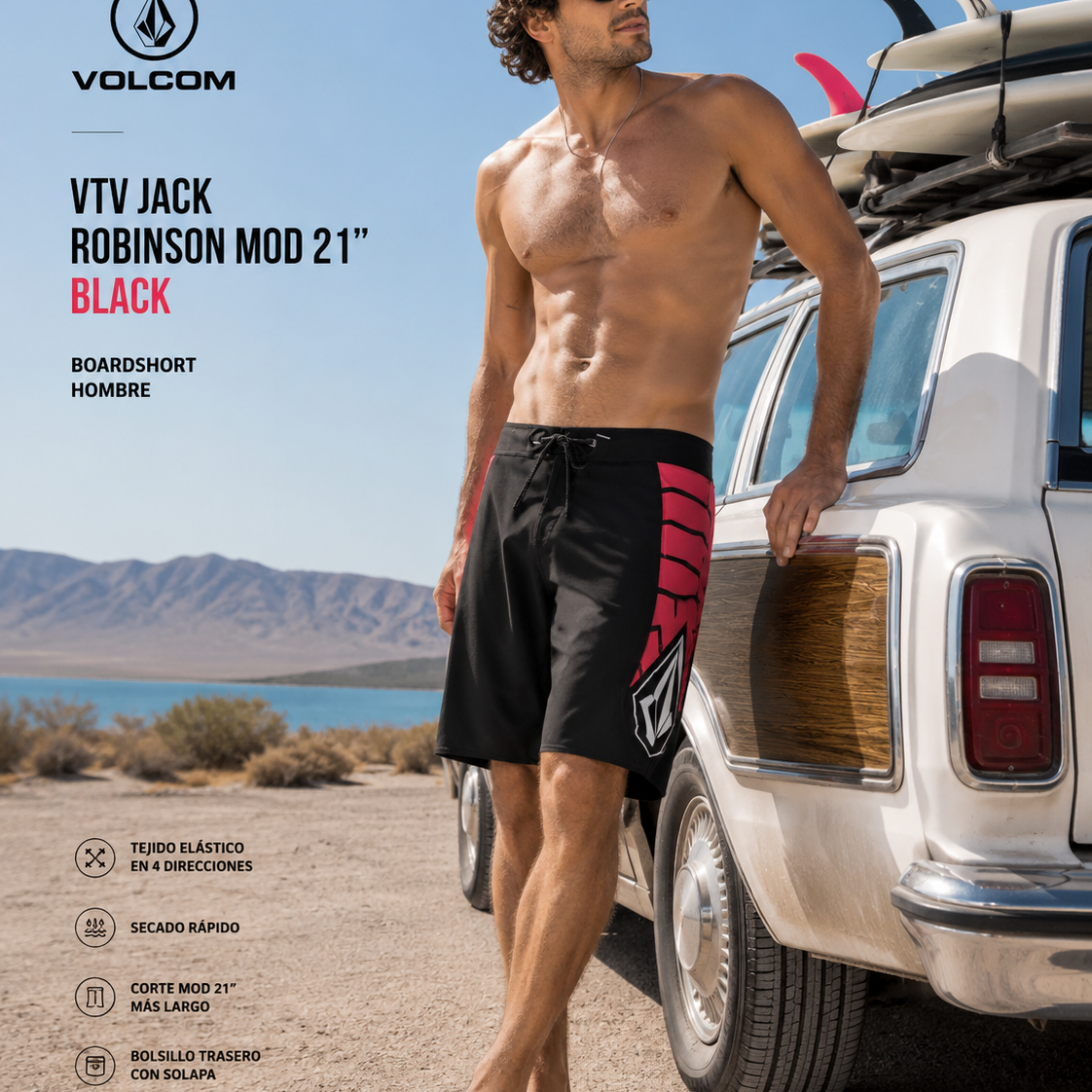 Bañador Volcom VTV Jack Robinson Mod 21 Black para hombre en escena surf roadtrip lago desierto Nevada lifestyle premium