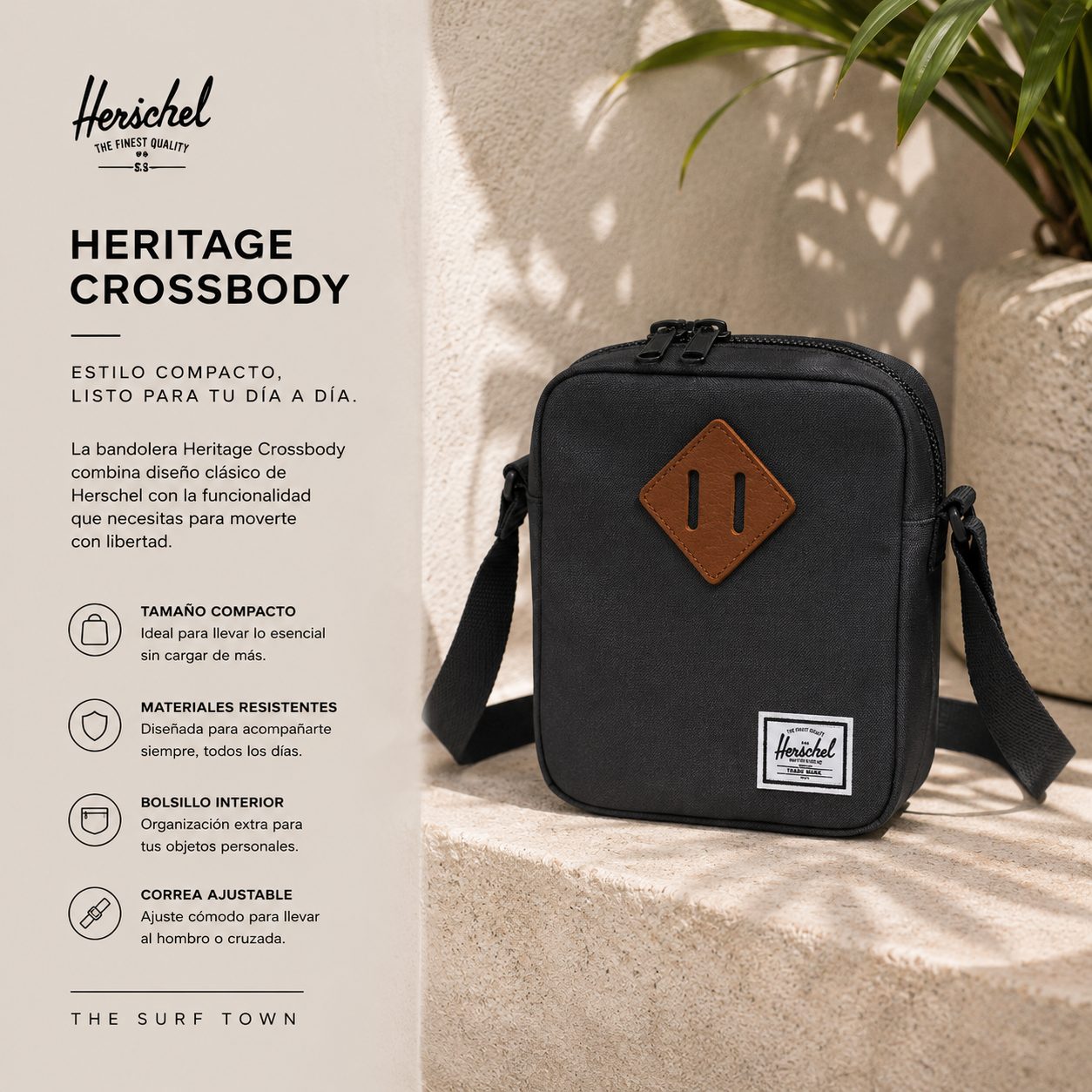 Bandolera Herschel Heritage Crossbody gris en fotografía editorial propia de THE SURF TOWN con estilo lifestyle premium y ambiente hotel boutique contemporáneo