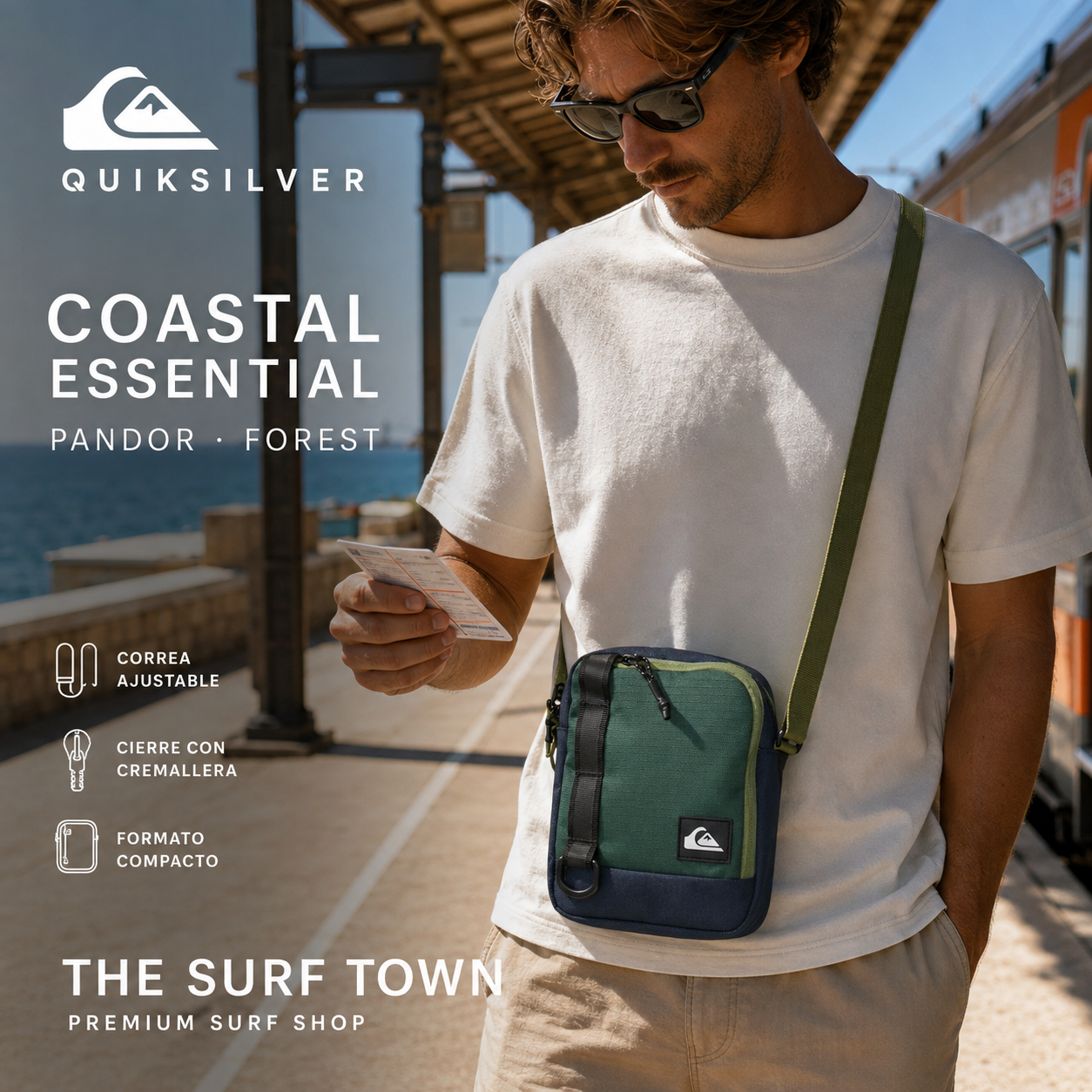 Bandolera Quiksilver Pandor Forest de 2 litros llevada cruzada, imagen editorial propia de THE SURF TOWN