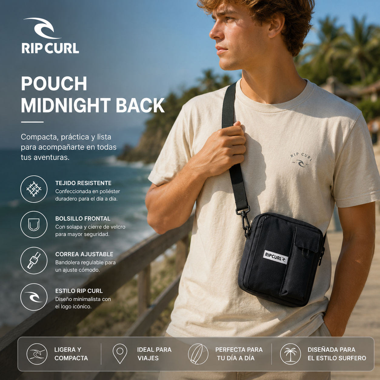 Bandolera Rip Curl Pouch Midnight Black en fotografía editorial propia de THE SURF TOWN inspirada en un surf resort premium de Hawái