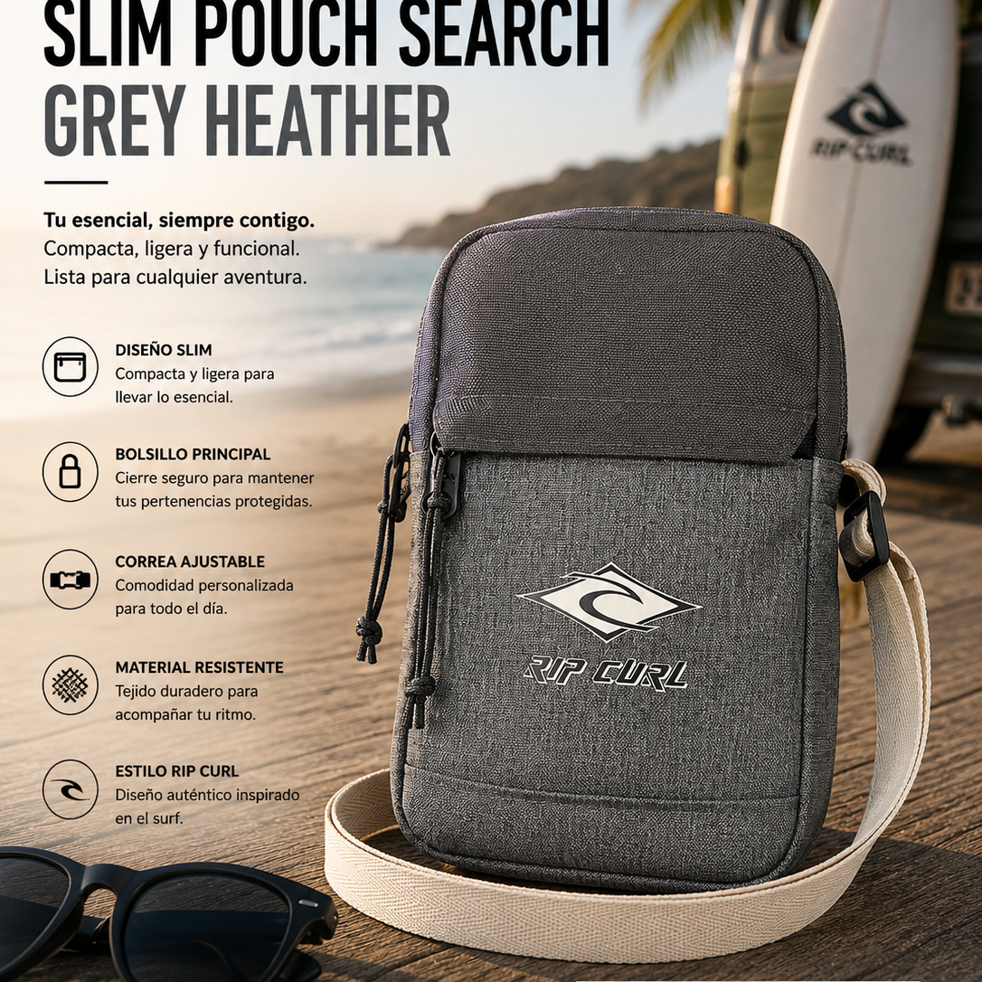 Bandolera Rip Curl Slim Pouch Search Grey Heather gris en escena editorial surf urban travel lifestyle