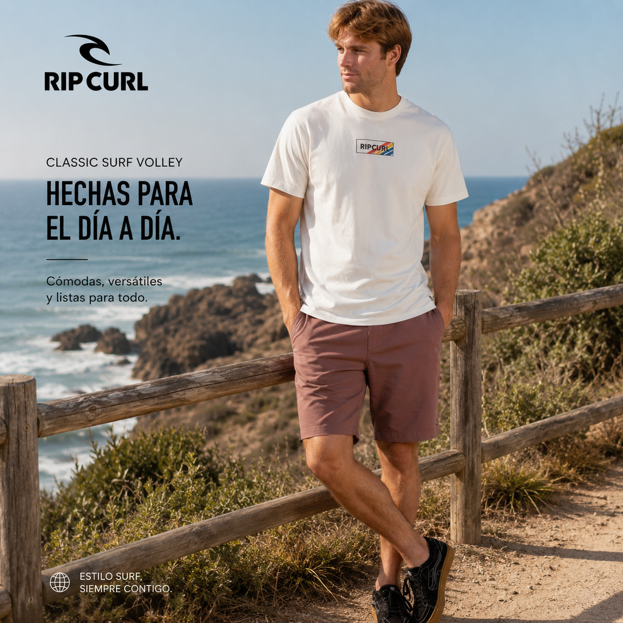 Bermuda Rip Curl Classic Surf Volley Mushroom Rock para hombre en acantilado costero surf lifestyle