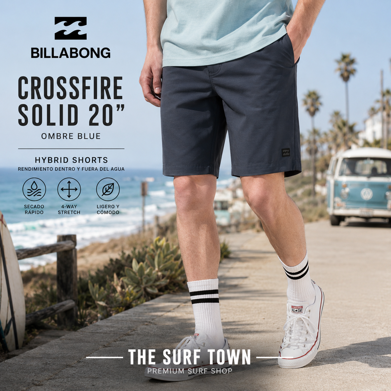 Bermudas híbridas Billabong Crossfire Solid 20 Ombre Blue para hombre en color azul grafito. Imagen editorial propia de THE SURF TOWN.