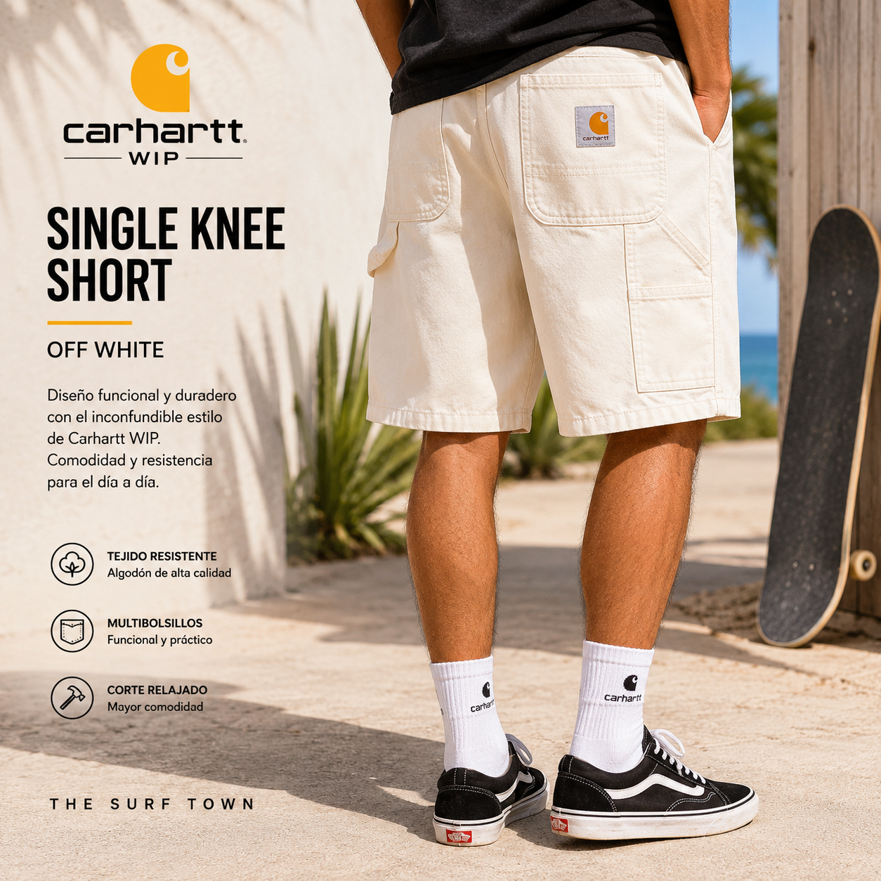 Bermudas Carhartt WIP Single Knee Short Off White en fotografía editorial propia de THE SURF TOWN, bermudas de lona blanca estilo workwear y surf lifestyle premium