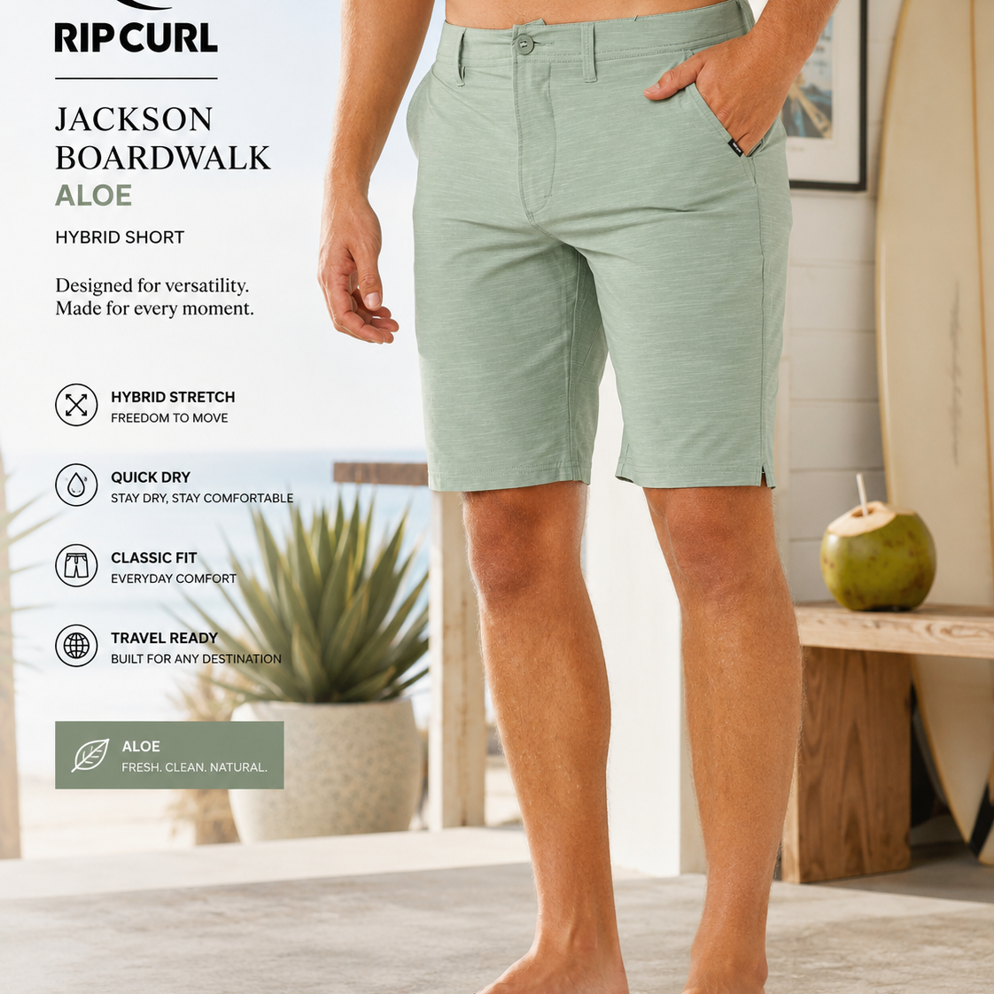 Bermudas Híbridas Rip Curl Jackson Boardwalk Aloe en escena surf house premium con luz natural brillante