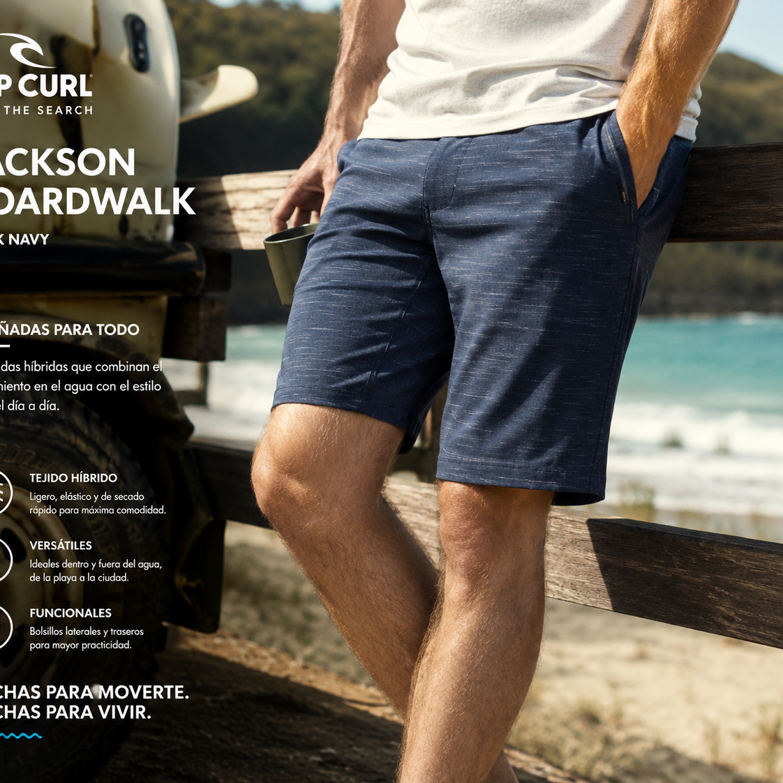 Bermudas híbridas Rip Curl Jackson Boardwalk Dark Navy hombre en escena surf cinema aesthetic con estilo coastal premium