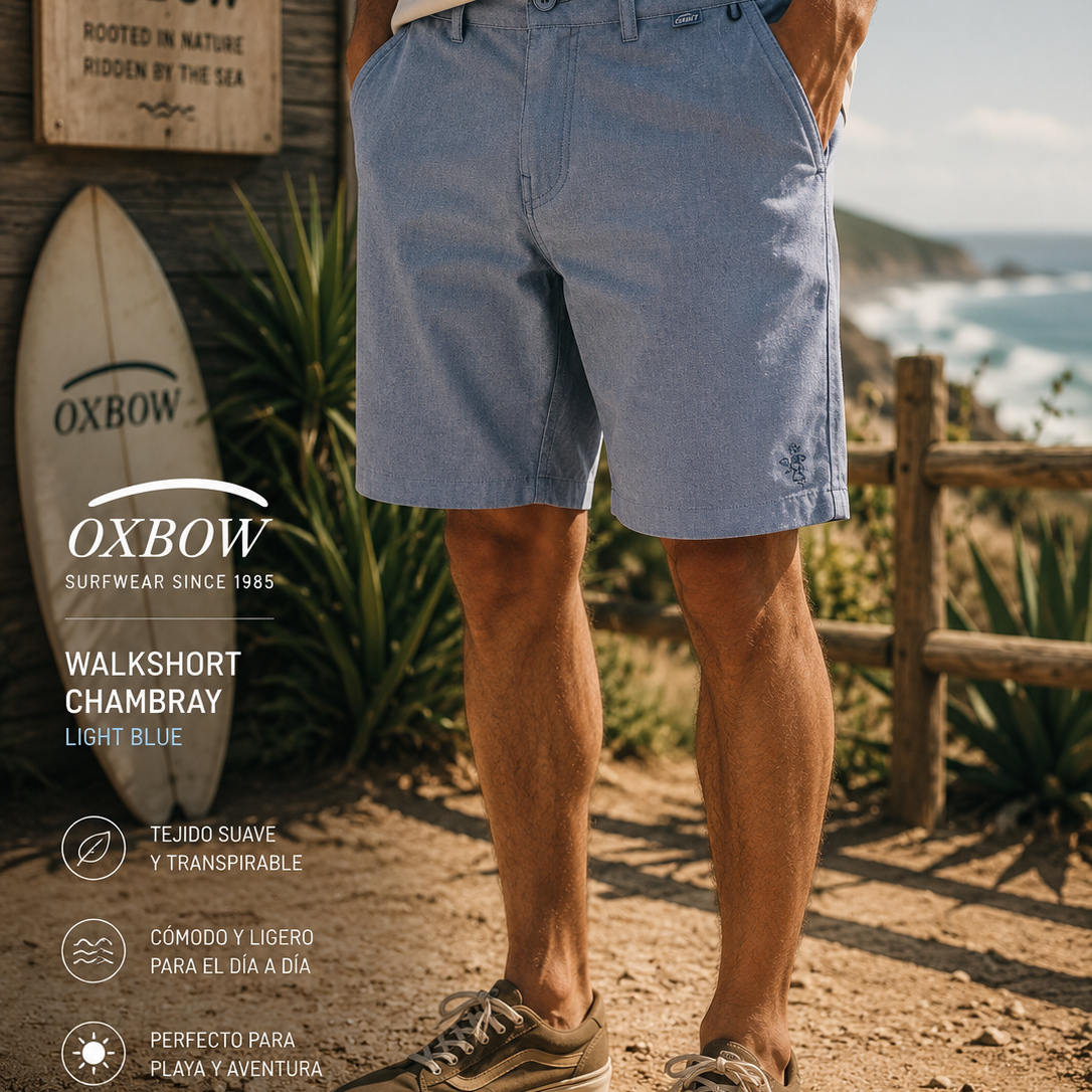 Bermudas Oxbow Resort Indigo azul hombre en escenario coastal premium con estética editorial surf cinematográfica