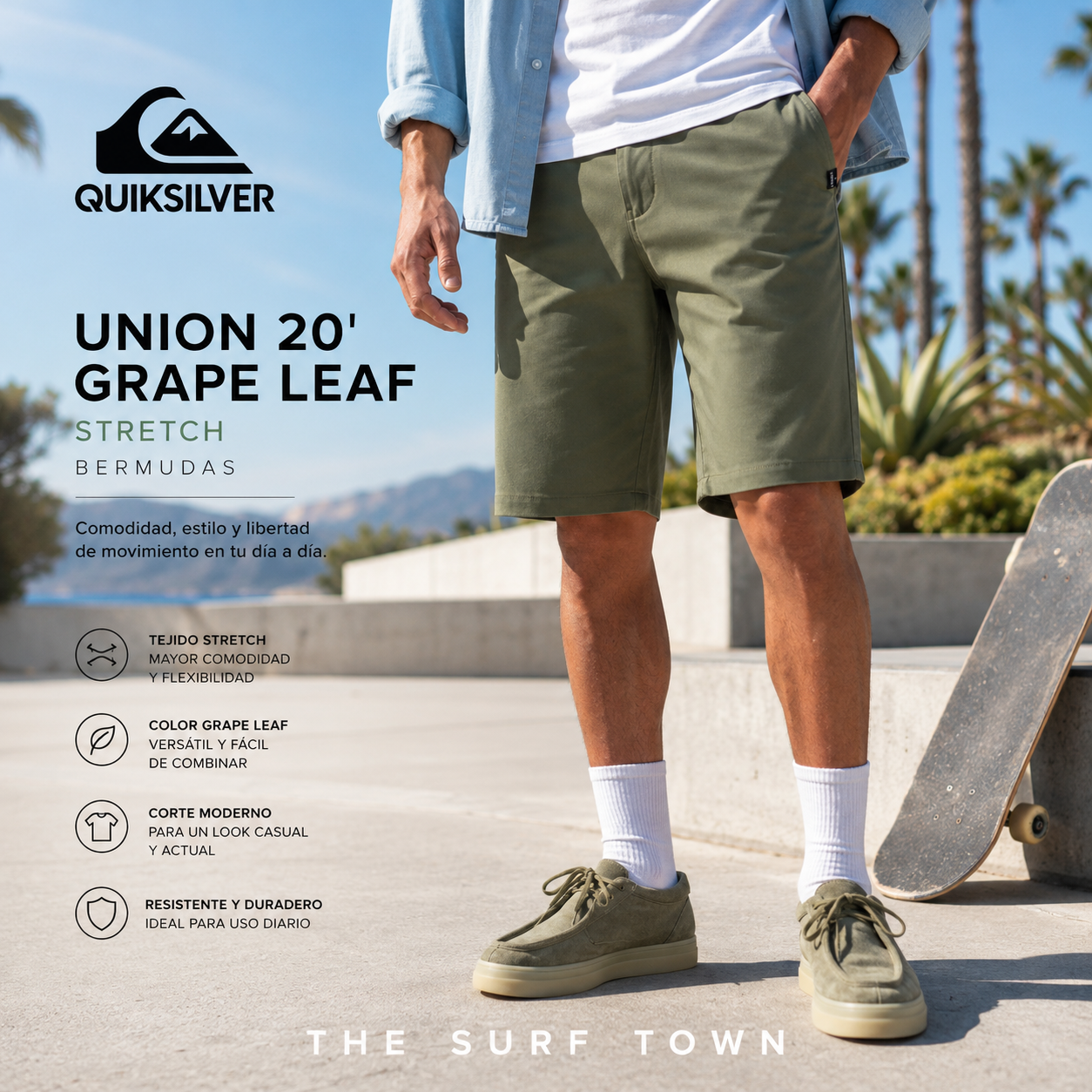Bermudas Quiksilver Union 20 Grape Leaf Stretch en fotografía editorial propia de THE SURF TOWN con estilo surf lifestyle premium y luz solar intensa