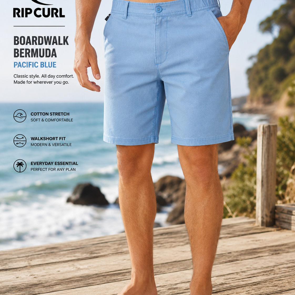 Bermudas Rip Curl Boardwalk Pacific Blue en escena surf lifestyle masculina con luz natural brillante frente al mar