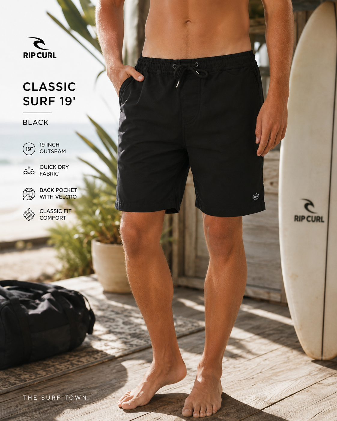 Bermudas Rip Curl Classic Surf Black 19 para hombre en escena surf lifestyle premium