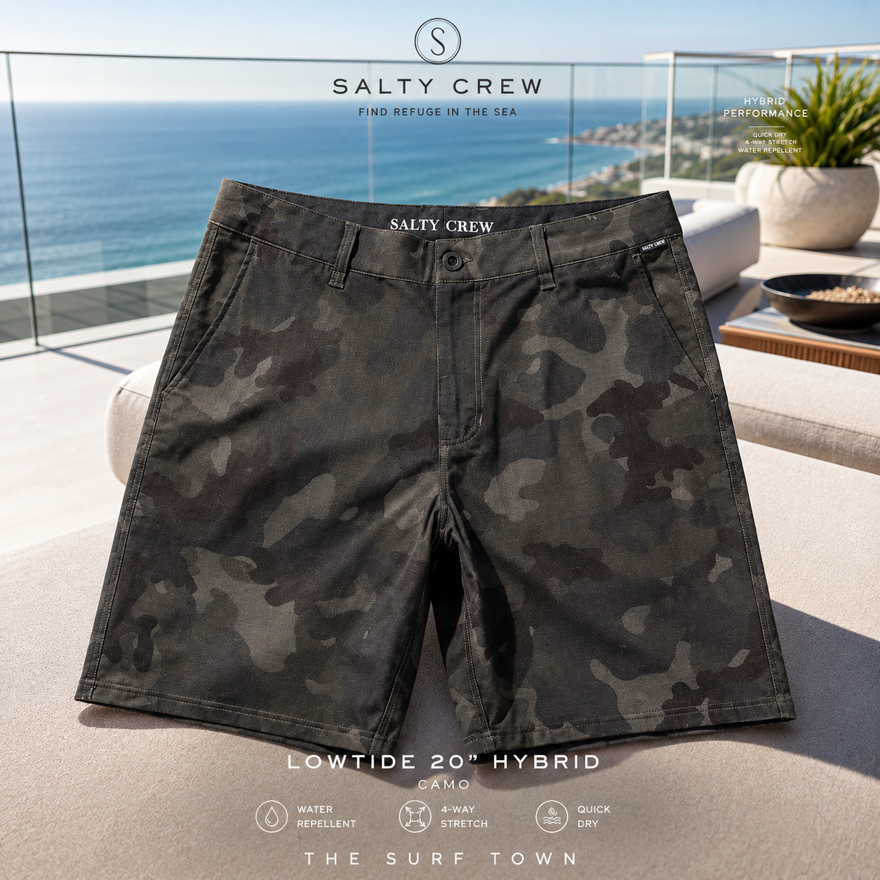 Bermudas Salty Crew Lowtide 20 Hybrid Camo en rooftop oceánico moderno, fotografía editorial propia de THE SURF TOWN con estilo surf premium, tejido híbrido y diseño camuflaje oscuro