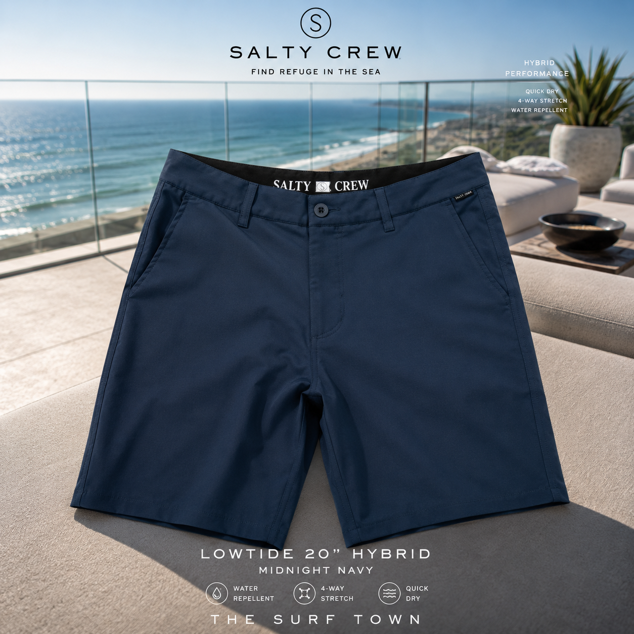 Bermudas Salty Crew Lowtide 20 Hybrid Midnight Navy en rooftop oceánico premium, fotografía editorial propia de THE SURF TOWN con estilo surf lifestyle, tejido híbrido y secado rápido