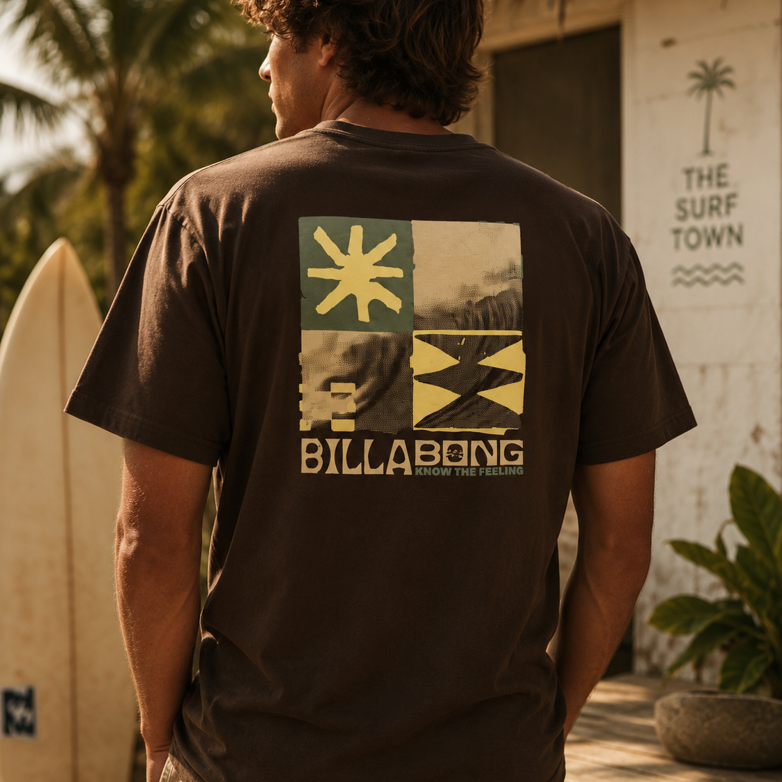 Camiseta Billabong hombre marrón lifestyle surf premium en beach shack tropical con ambiente Costa del Sol