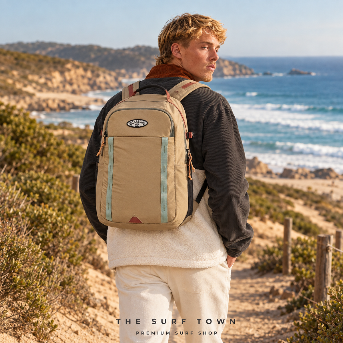 Editorial lifestyle de la mochila Billabong Daily Quest 27L Khaki, sin tablas de surf