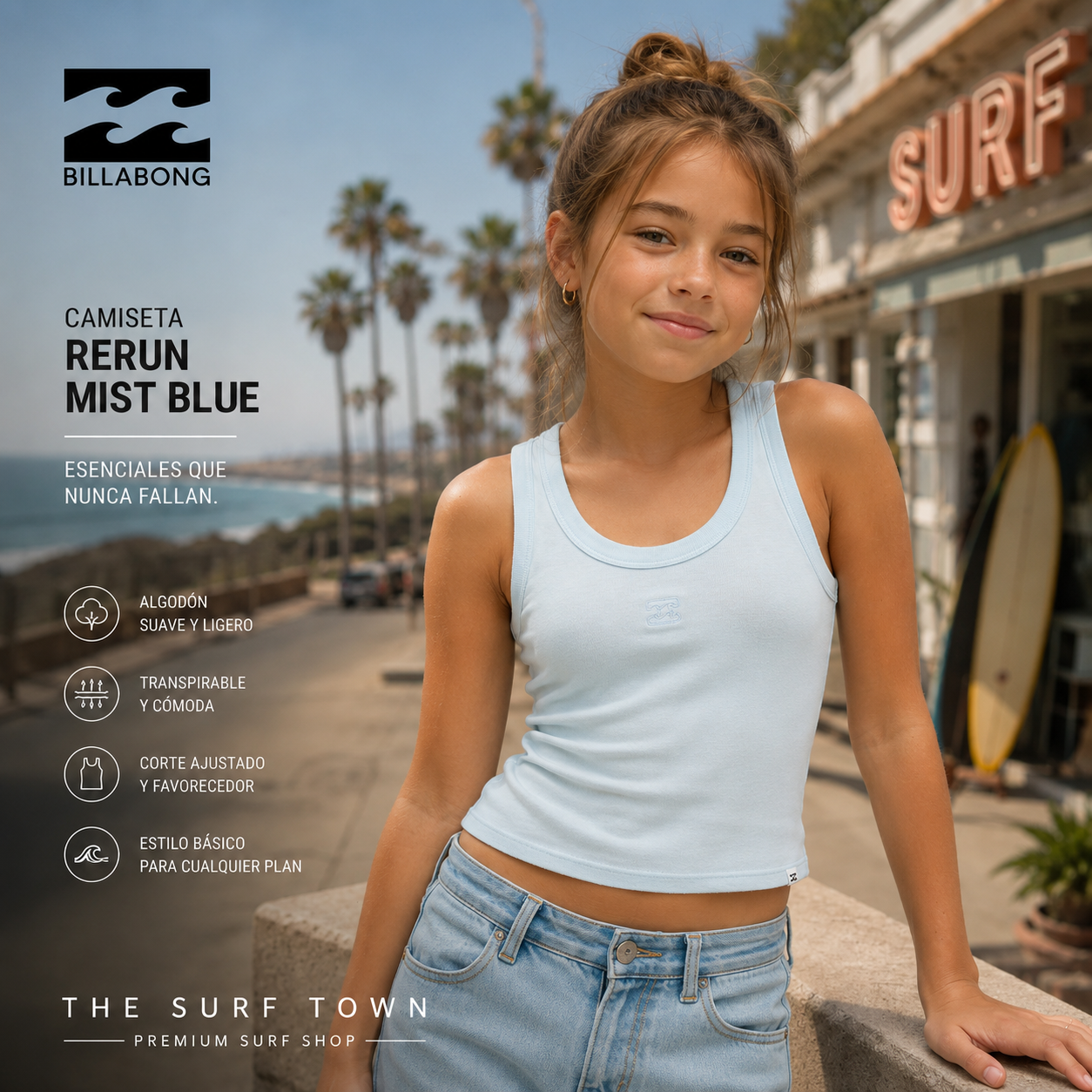 niña modelo llevando una Camiseta Billabong Rerun Mist Blue durante una sesion fotografica editorial propia de the surf town en un paseo junto al mar
