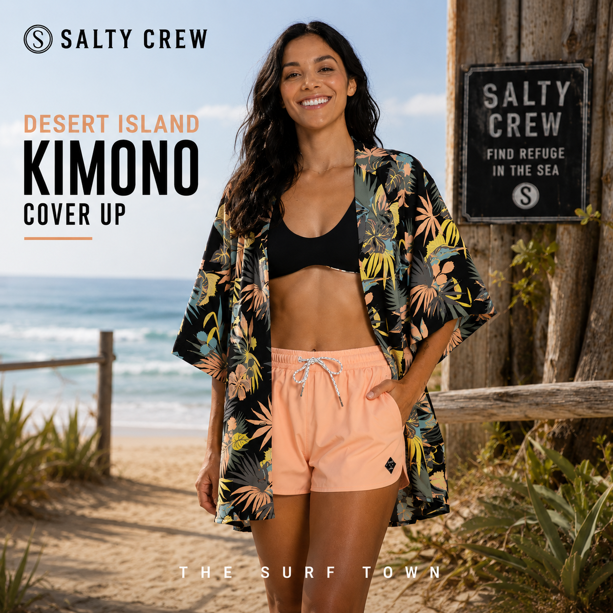 Fotografía editorial propia de THE SURF TOWN de la blusa kimono Salty Crew Desert Island Cover Up Black para mujer en entorno beach lifestyle premium junto al mar