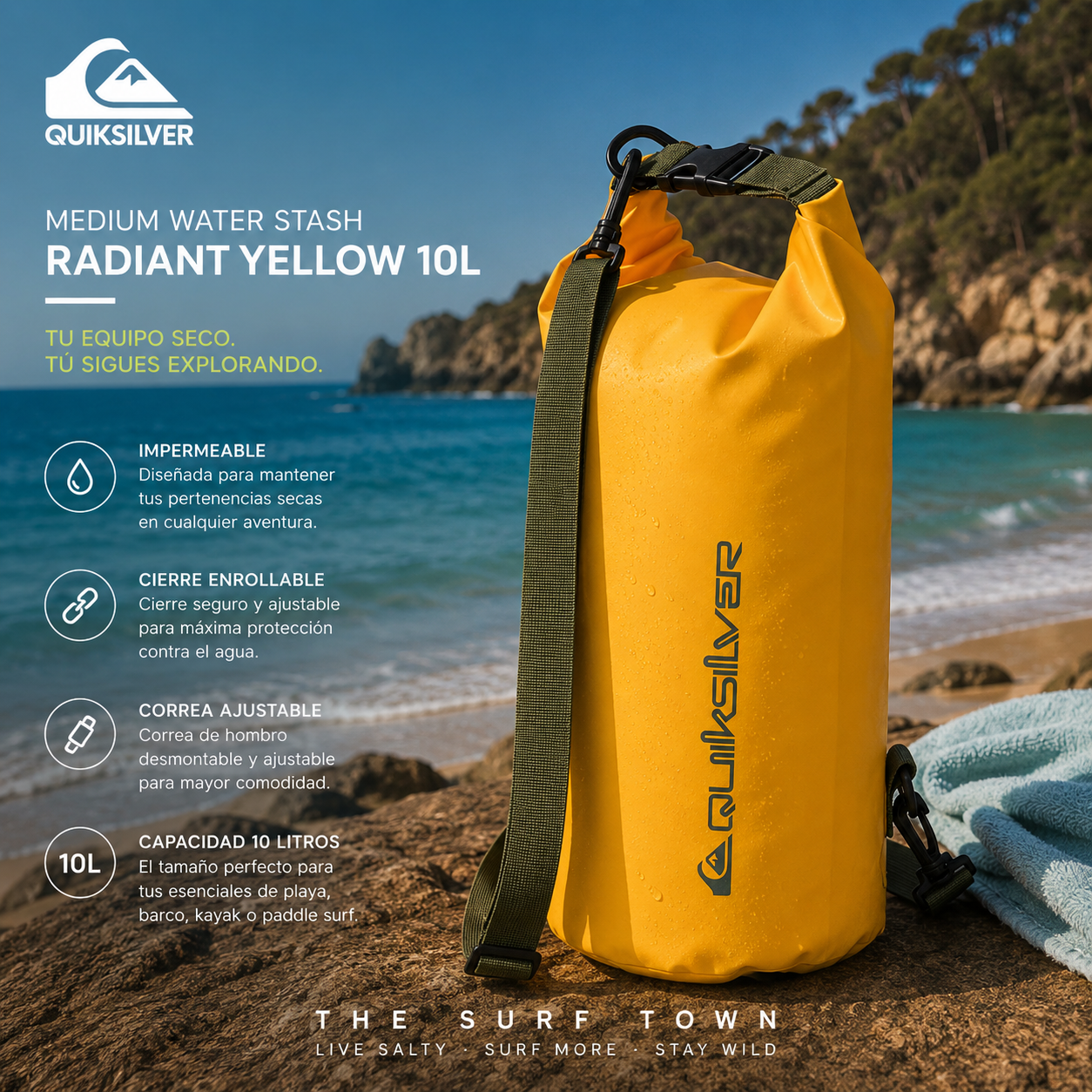 Bolsa Estanca Quiksilver Medium Water Stash Radiant Yellow 10L en fotografía editorial propia de THE SURF TOWN sobre una playa mediterránea de verano