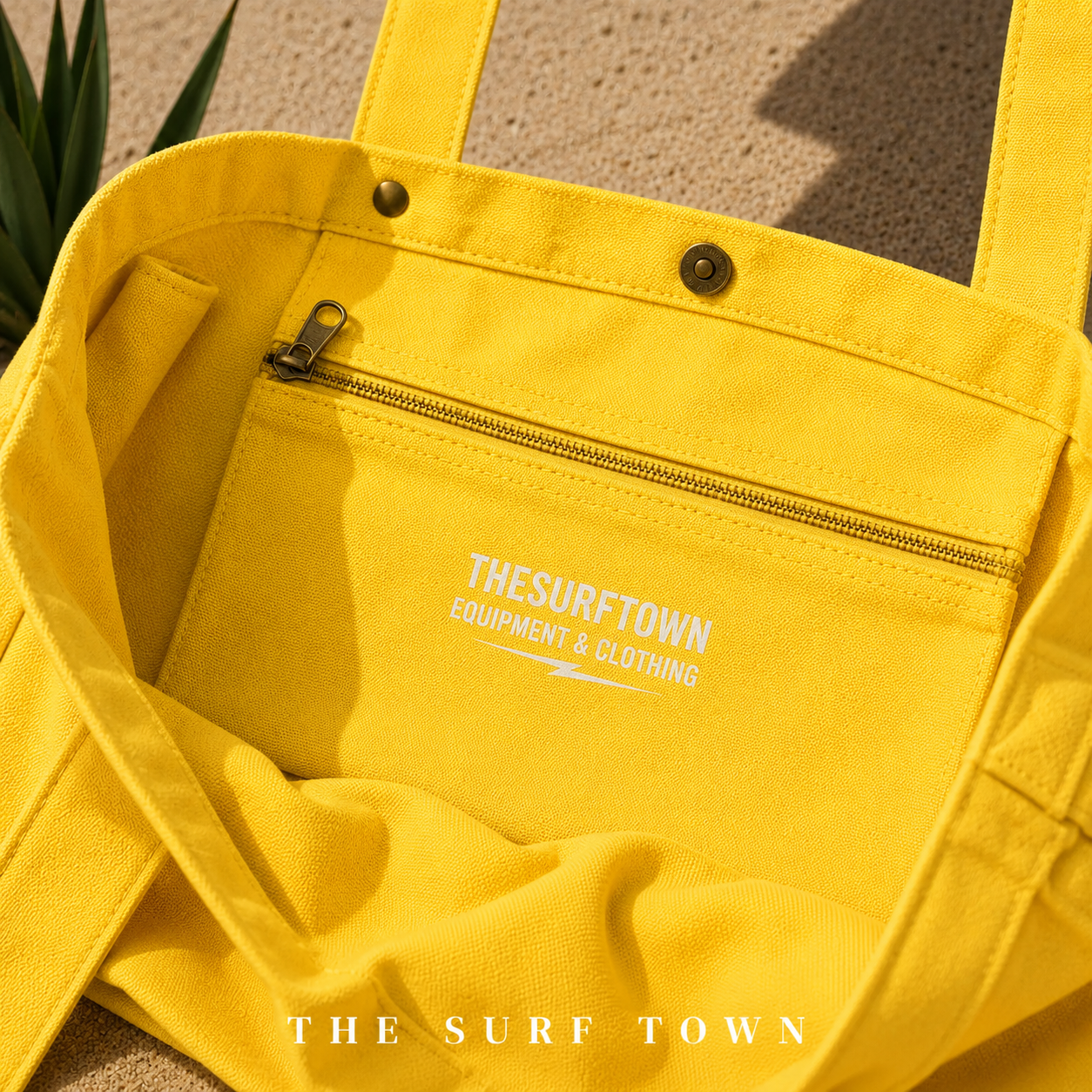 Bolsillo interior con cremallera del Bolso de Playa The Surf Town Tote Beach Bag Sunflower de algodón amarillo girasol con gran capacidad y diseño exclusivo para playa y verano