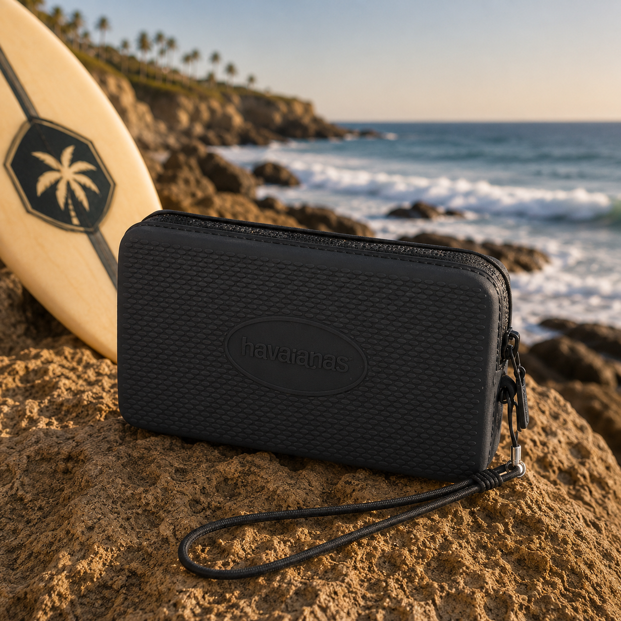 Bolsito Havaianas Mini Bag negro sobre rocas frente al mar junto a tabla de surf en ambiente surf lifestyle premium Costa del Sol