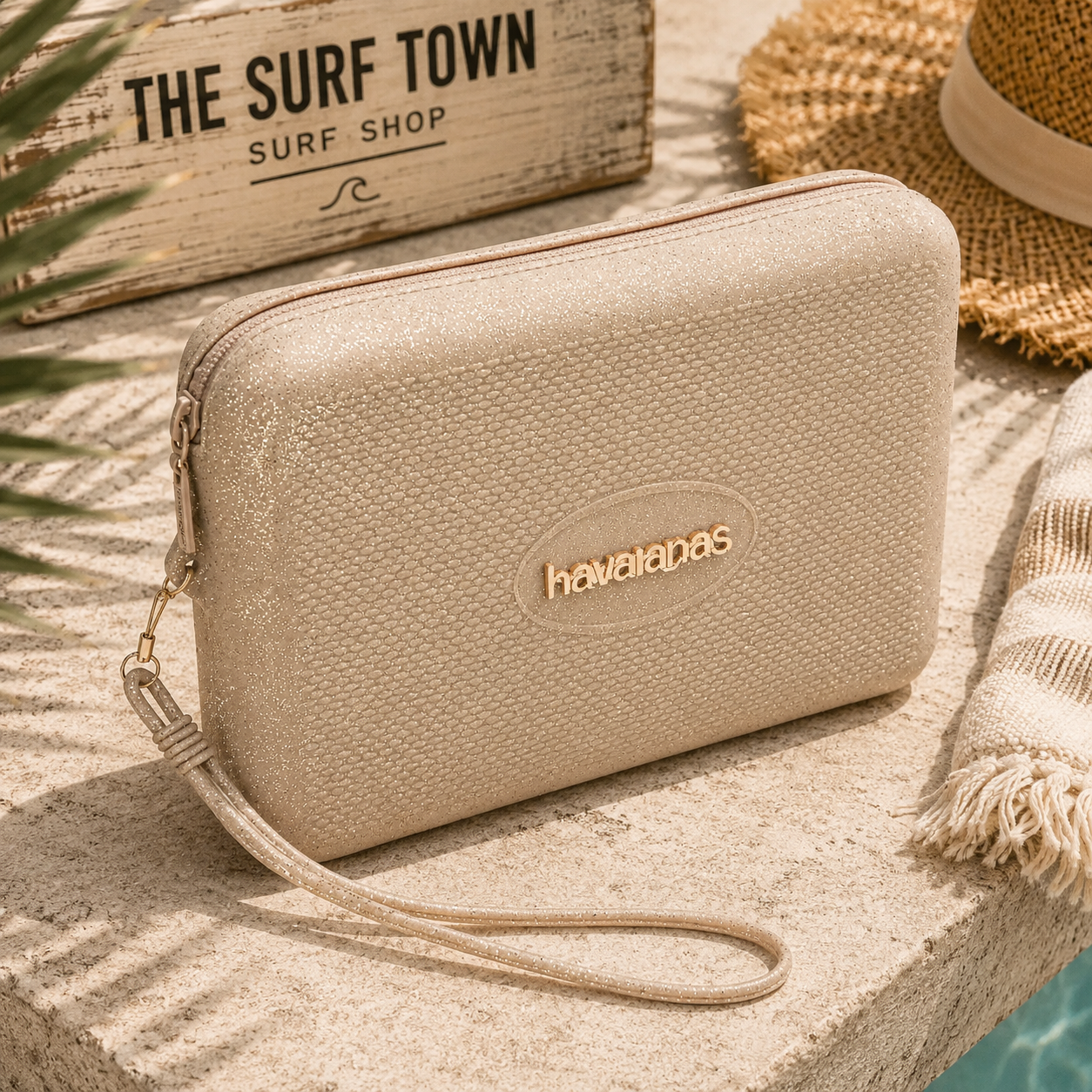 Bolso Havaianas Beach Necessaire Glitter gold en escenario mediterráneo premium junto a piscina