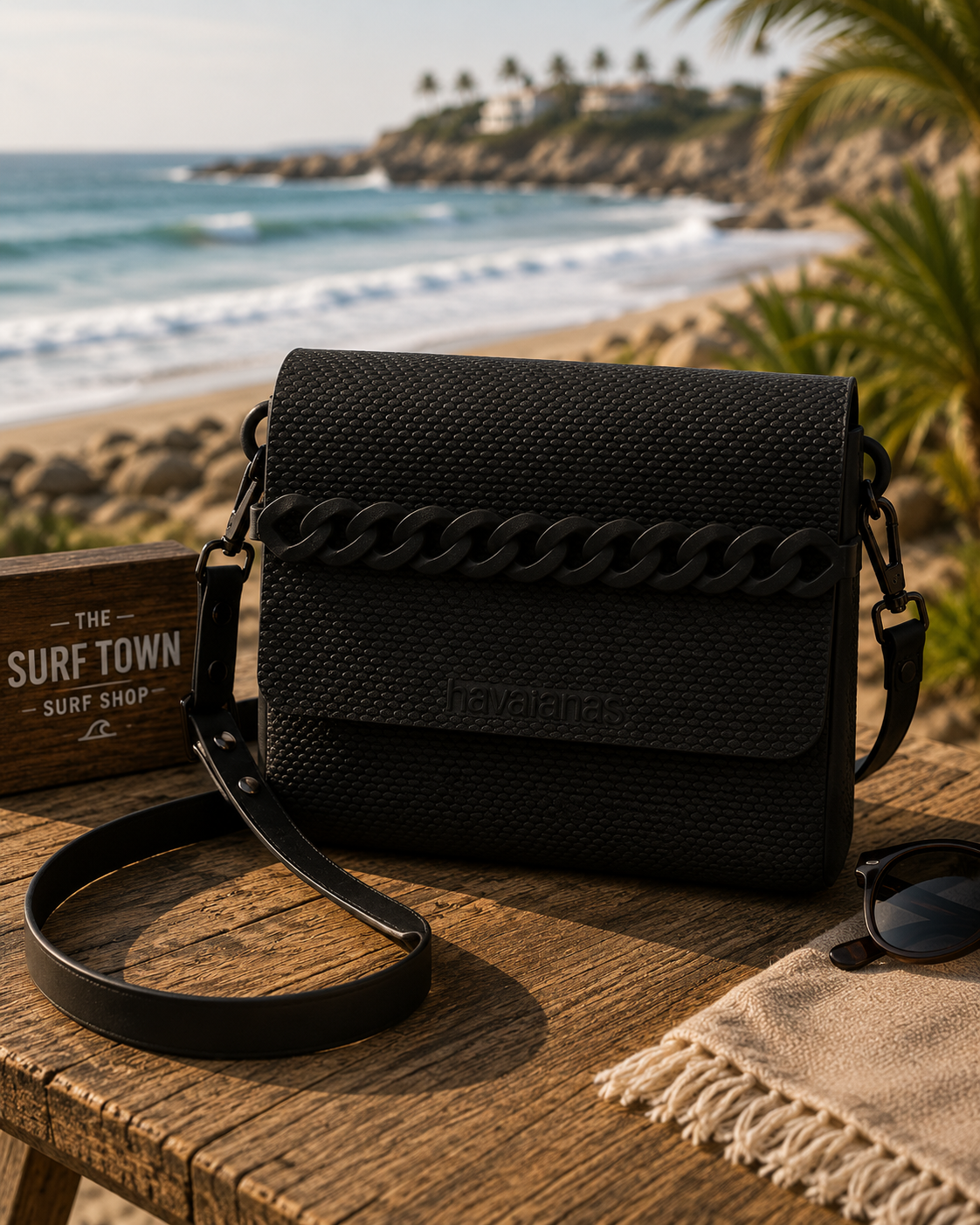 Bolso bandolera Havaianas Casual Bag Chain negro en ambiente beach surf lifestyle premium frente al mar