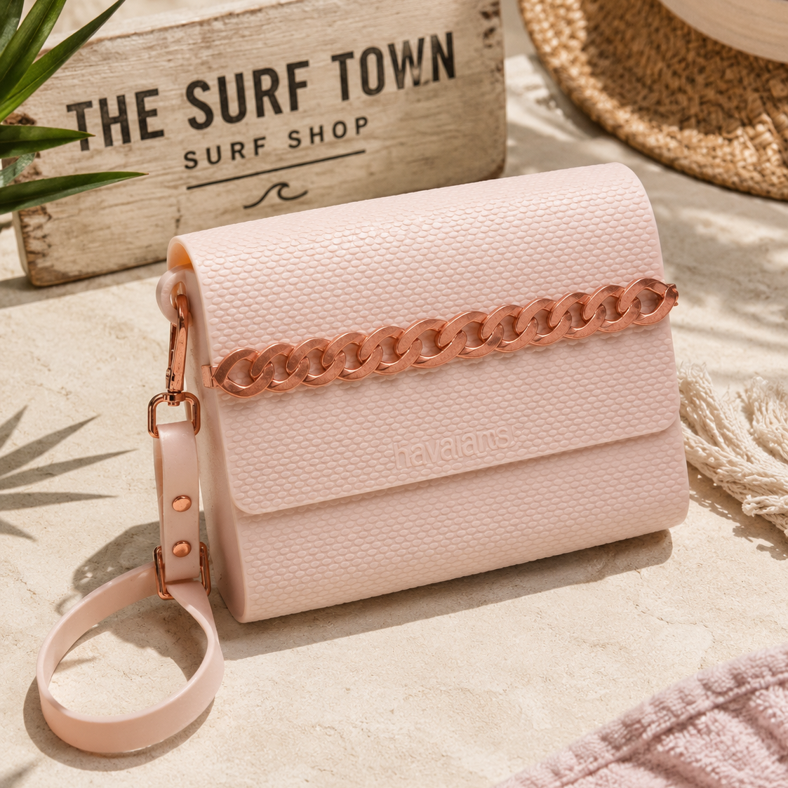 Bolso Havaianas Casual Bag II beige en escenario beach club mediterráneo premium