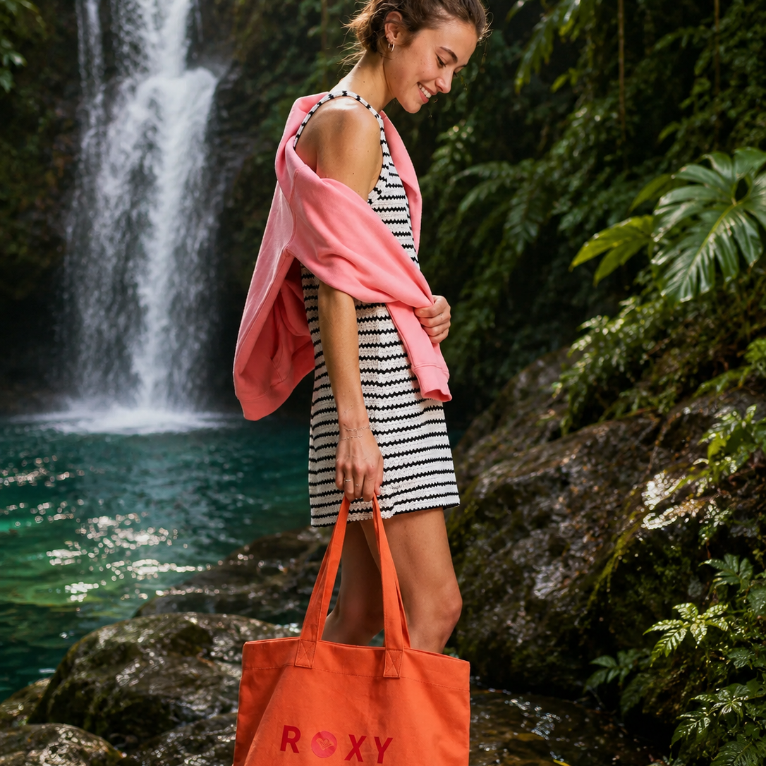 Bolso playa Roxy naranja mujer en cascada tropical lifestyle premium