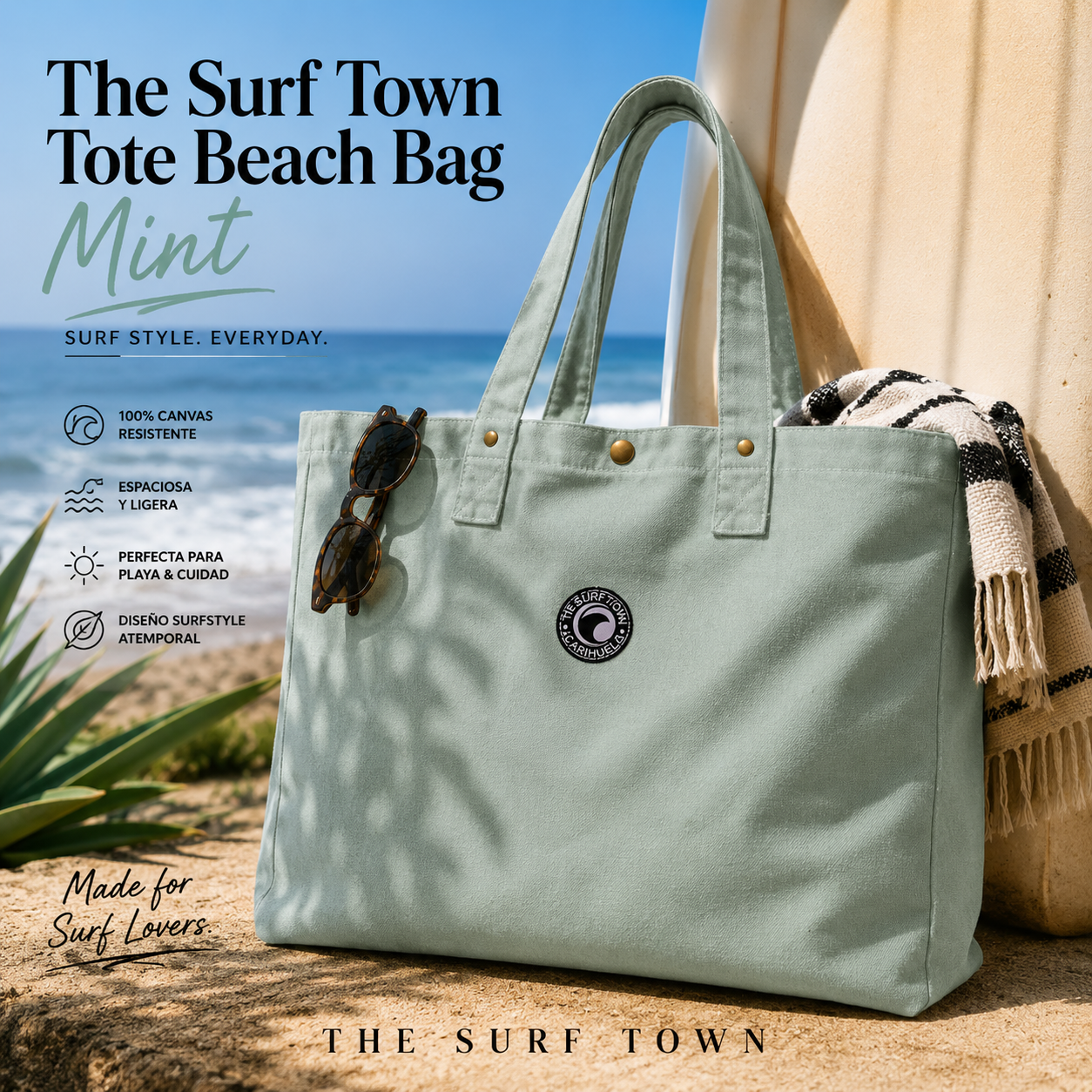 Bolso de Playa The Surf Town Tote Beach Bag Mint de algodón verde menta con gran capacidad y diseño exclusivo para playa y verano