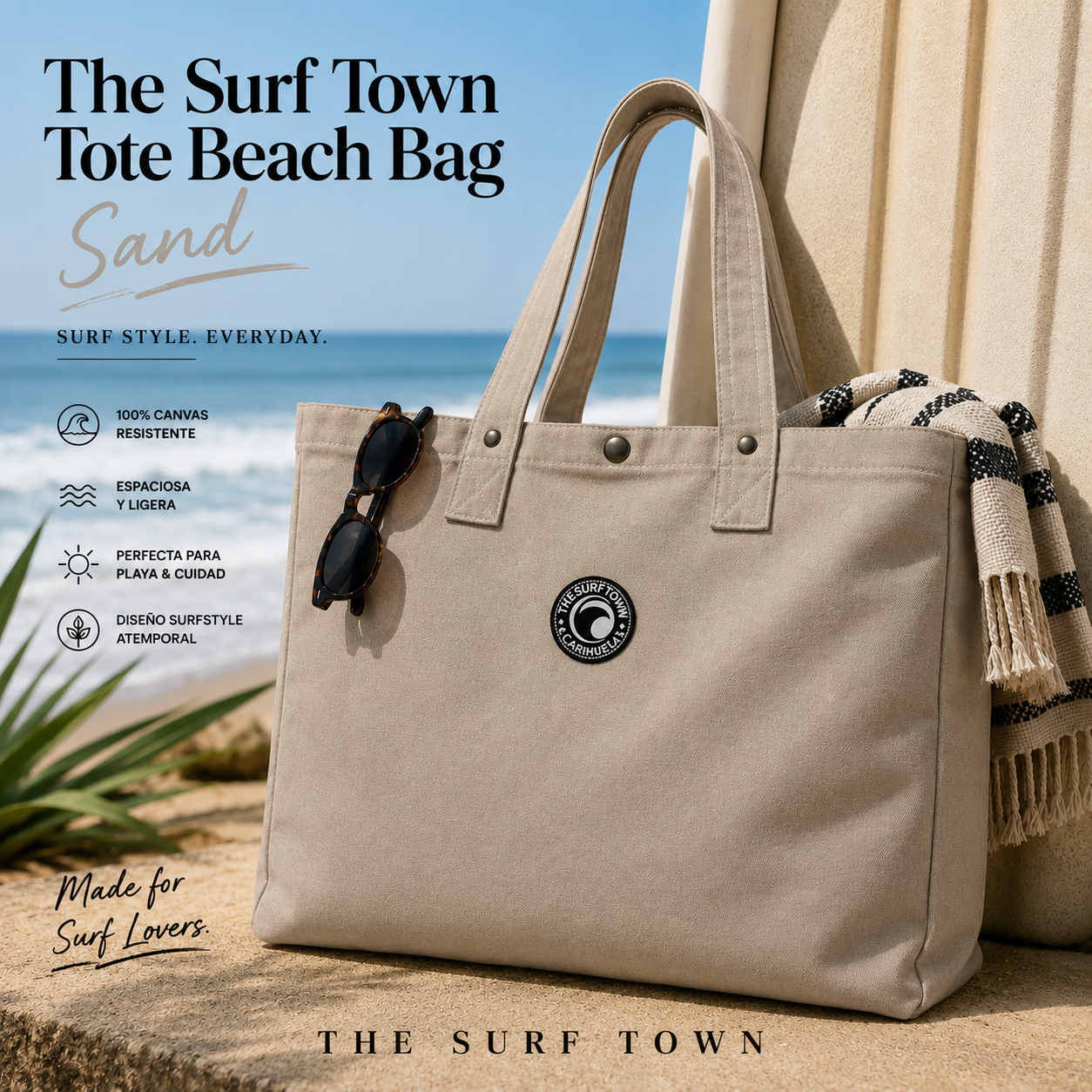 Bolso de Playa The Surf Town Tote Beach Bag Sand de algodón color arena con gran capacidad y diseño exclusivo para playa y verano